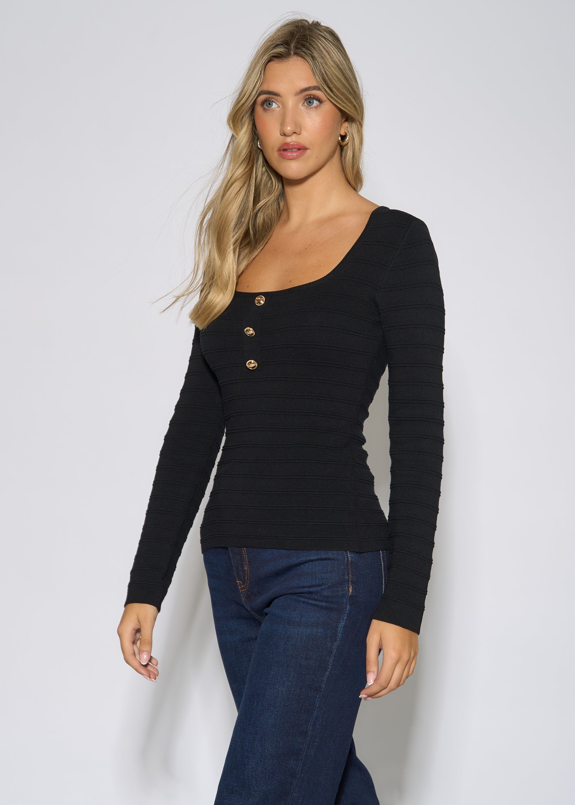 Gini London Black Square Neck Gold Button Ribbed Top
