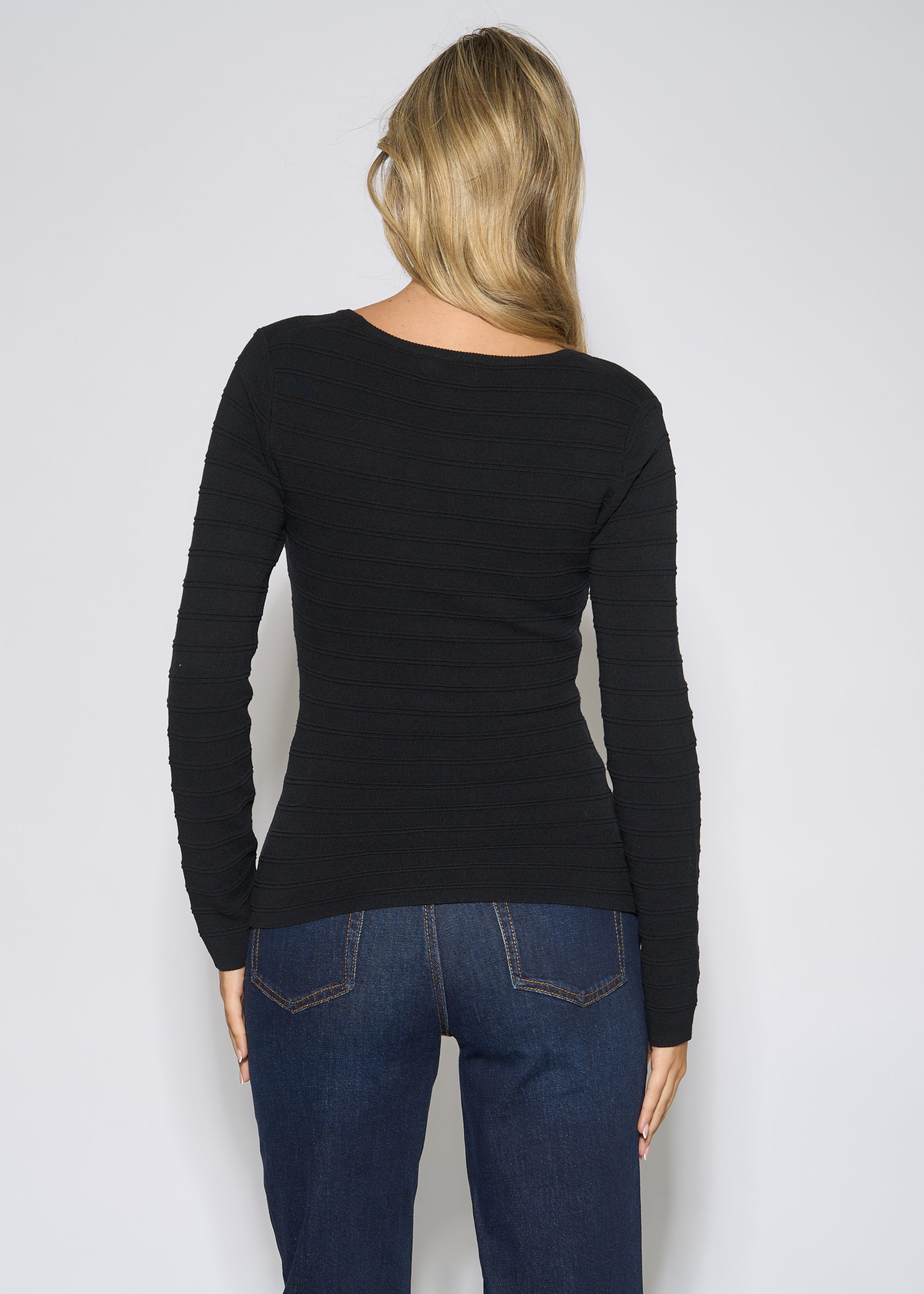 Gini London Black Square Neck Gold Button Ribbed Top