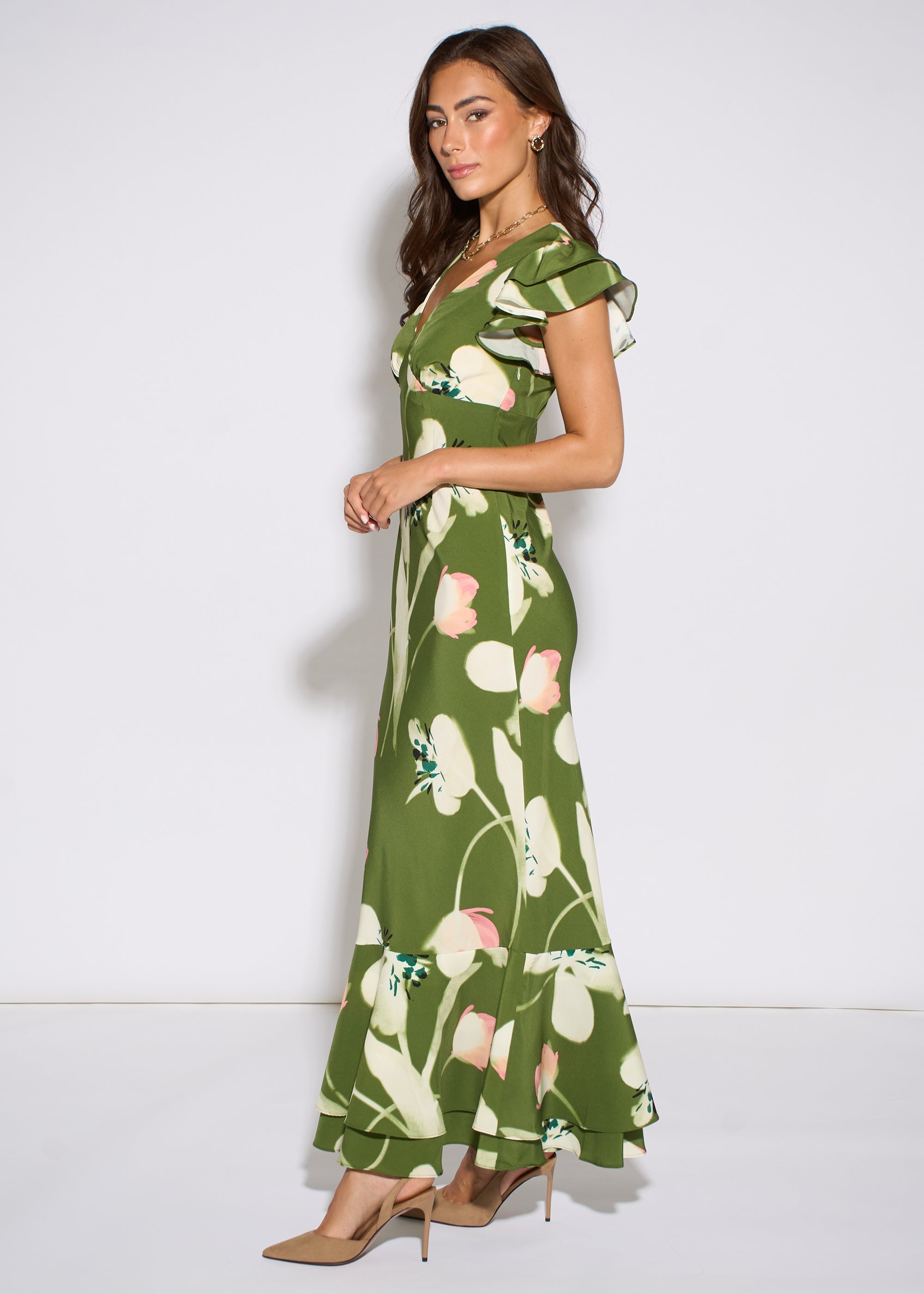 Gini London Green Floral Ruffle Maxi Dress