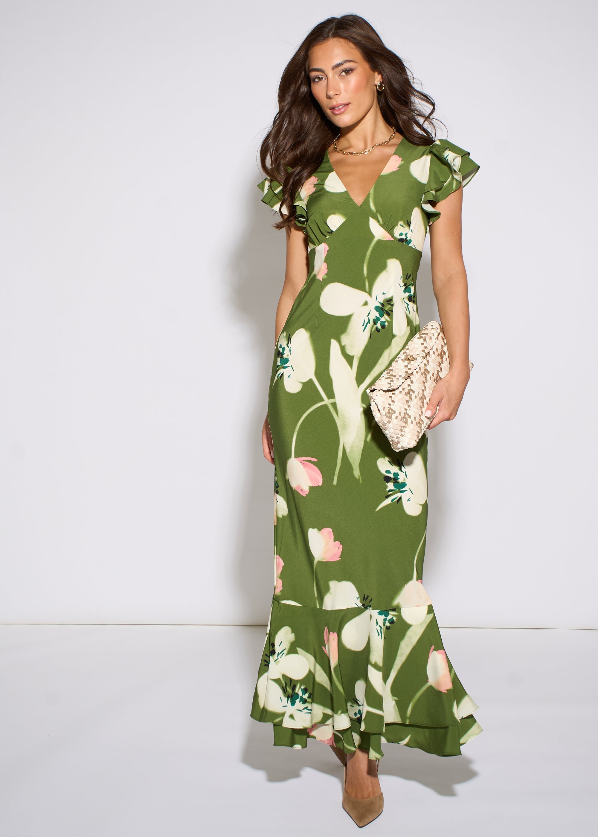Gini London Green Floral Ruffle Maxi Dress