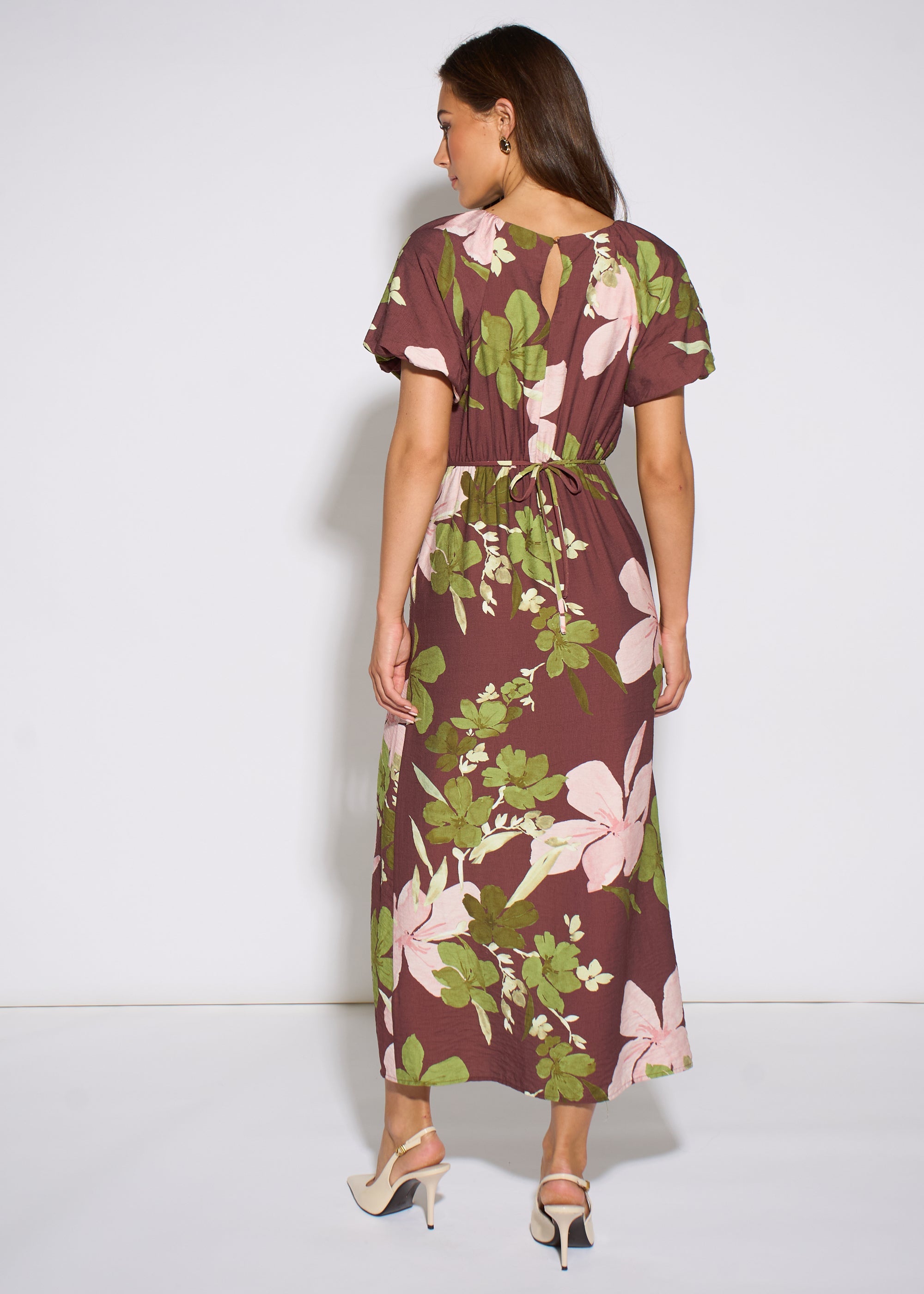 Gini London Brown Floral Puff Sleeves Midi Dress