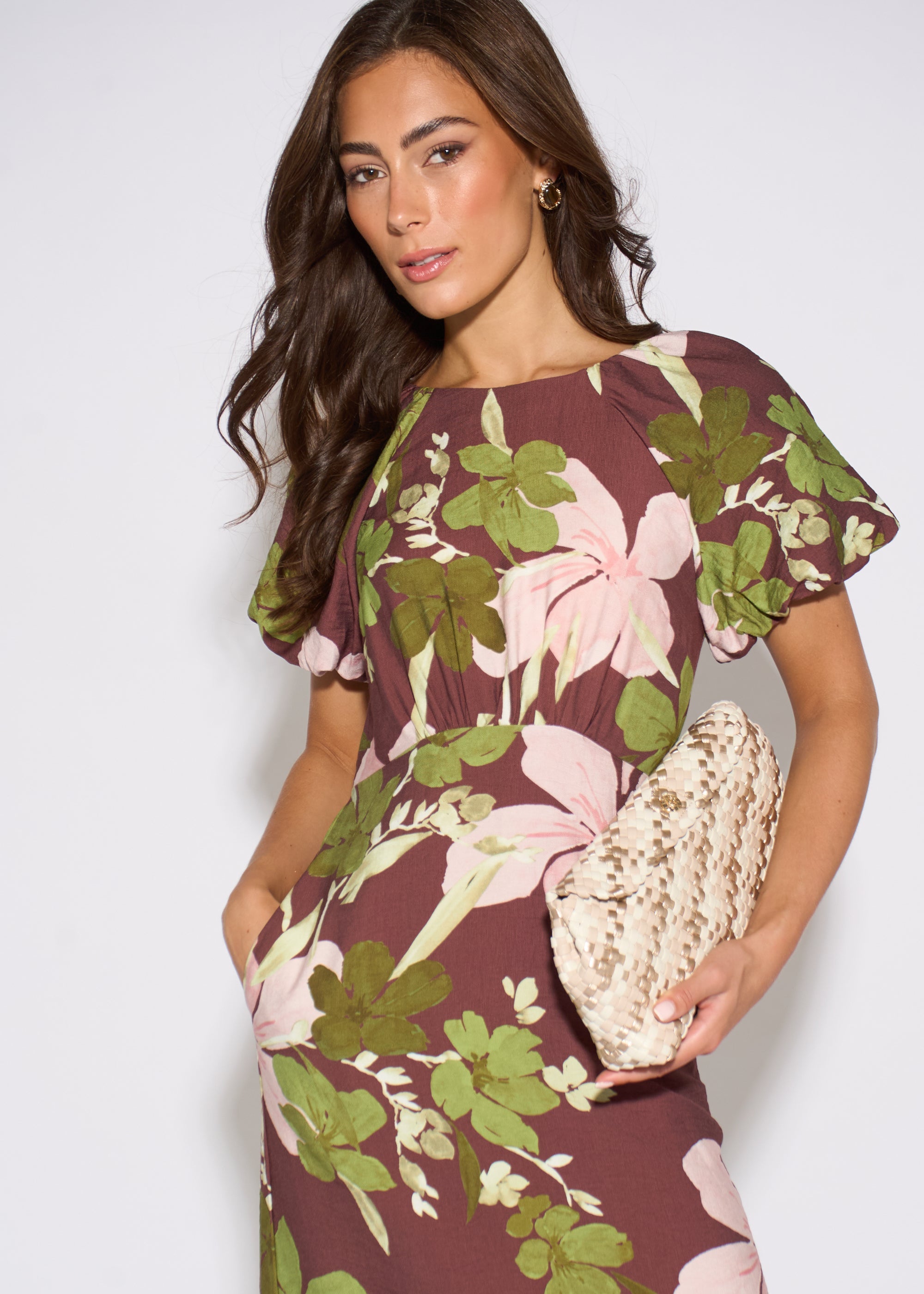 Gini London Brown Floral Puff Sleeves Midi Dress
