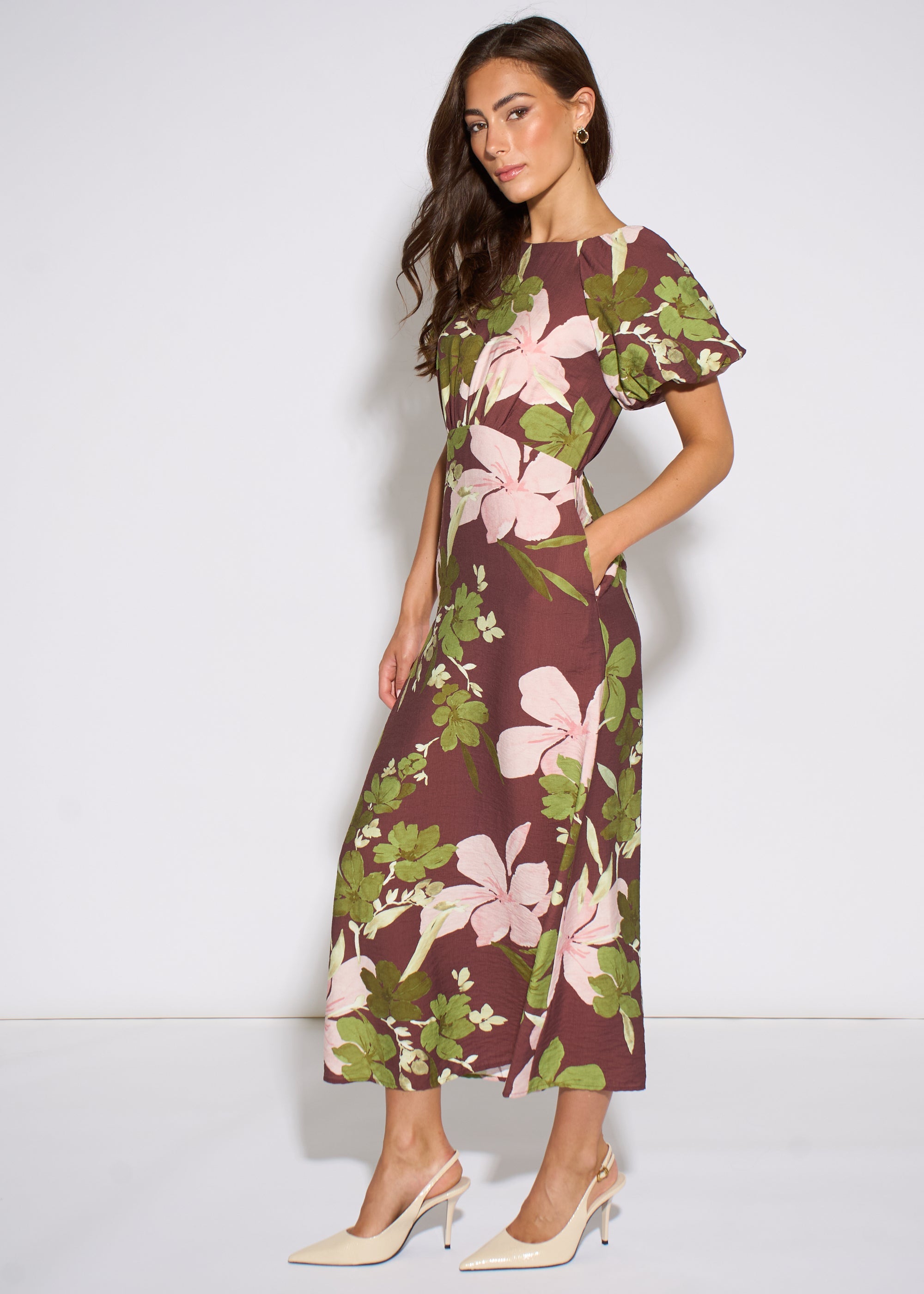 Gini London Brown Floral Puff Sleeves Midi Dress
