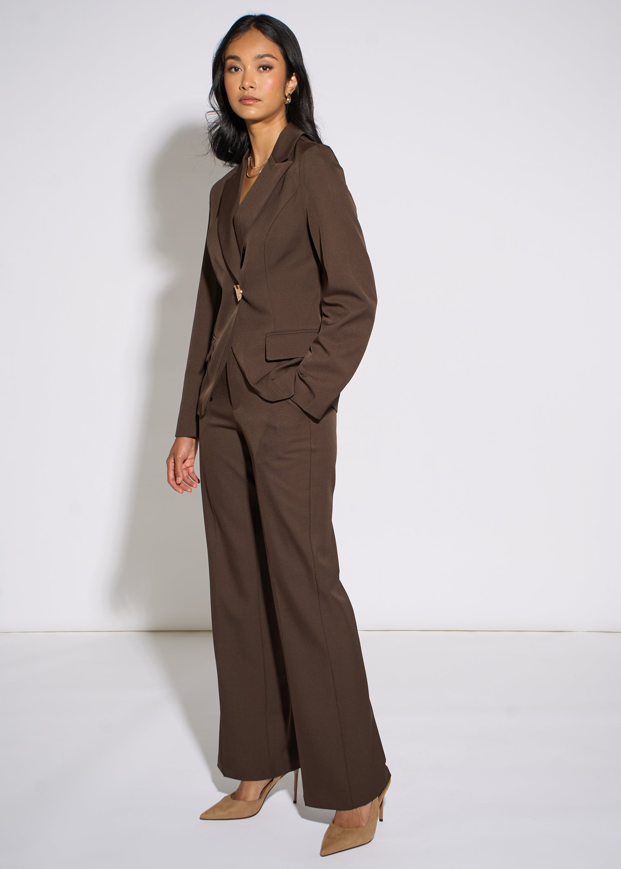Gini London Brown Fashion Tailoring Gold Button Blazer