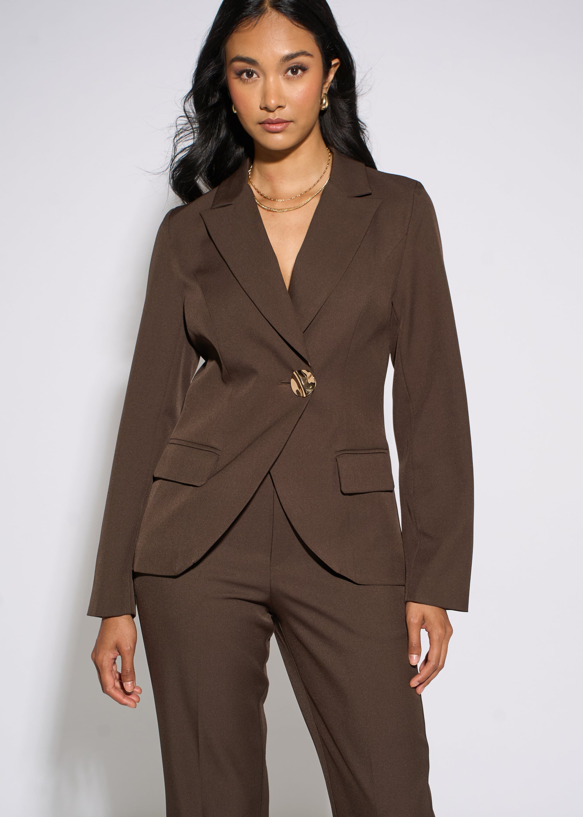 Gini London Brown Fashion Tailoring Gold Button Blazer