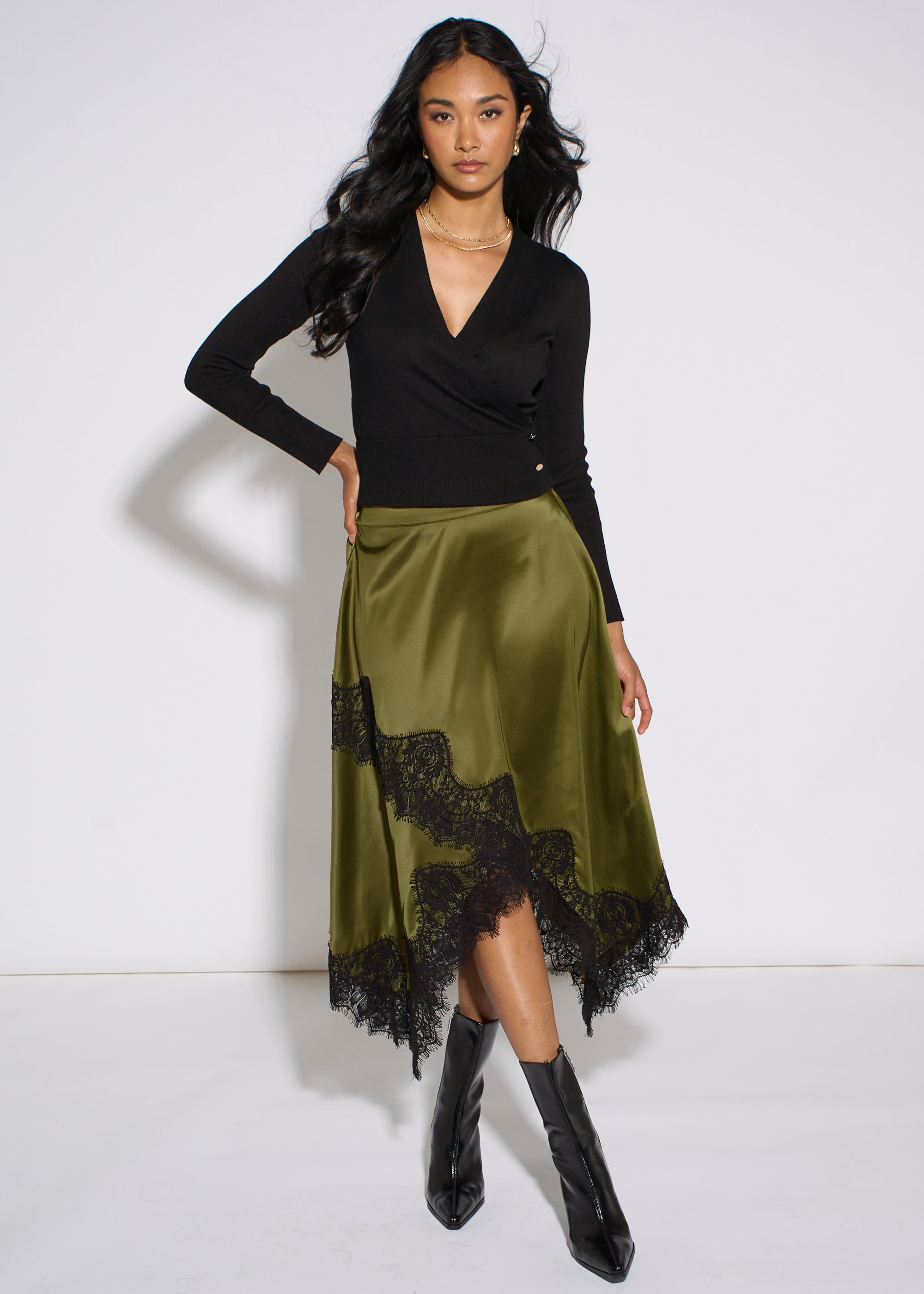 Gini London Khaki Satin Asymmetric Hem Contrast Lace Skirt