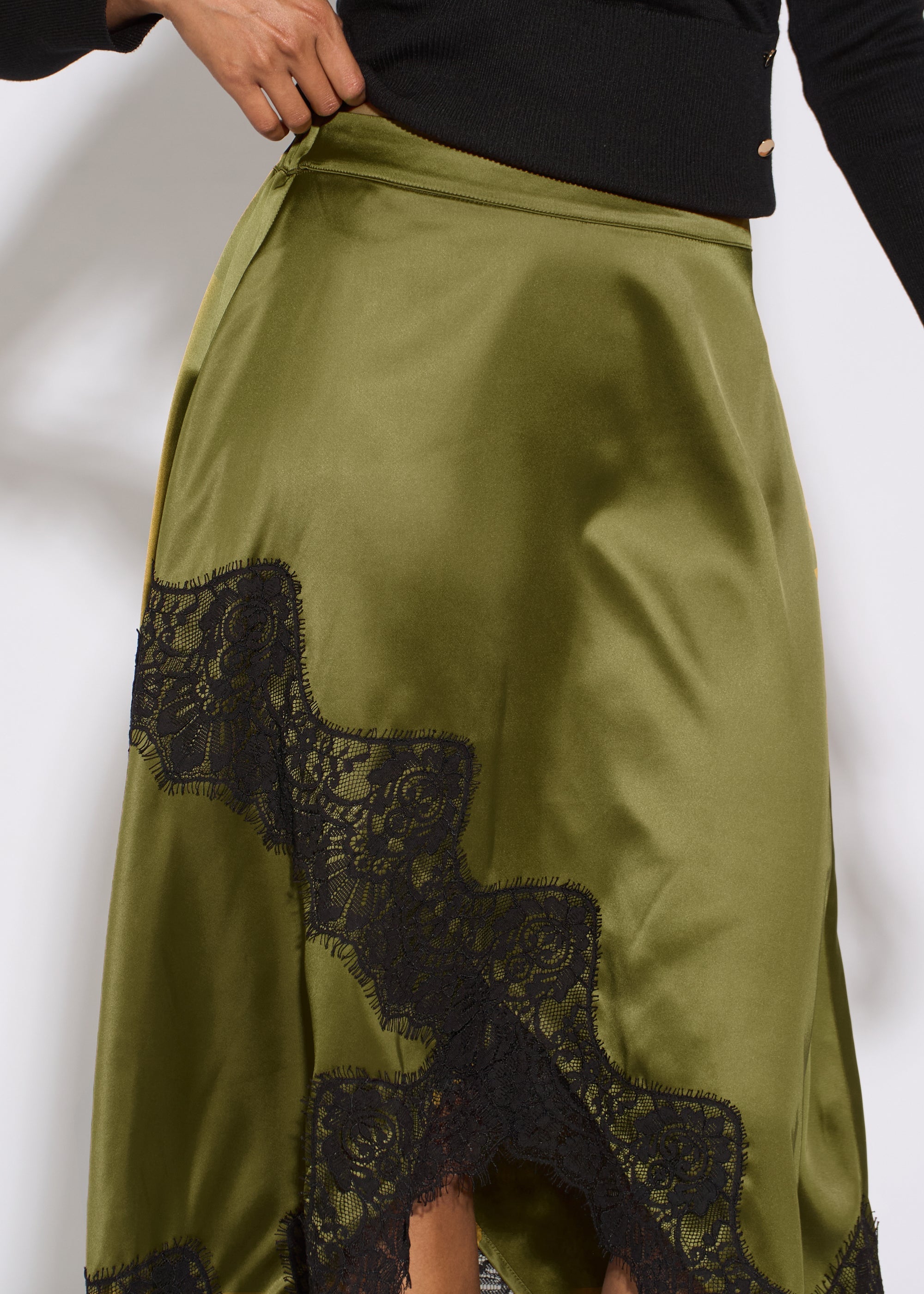 Gini London Khaki Satin Asymmetric Hem Contrast Lace Skirt