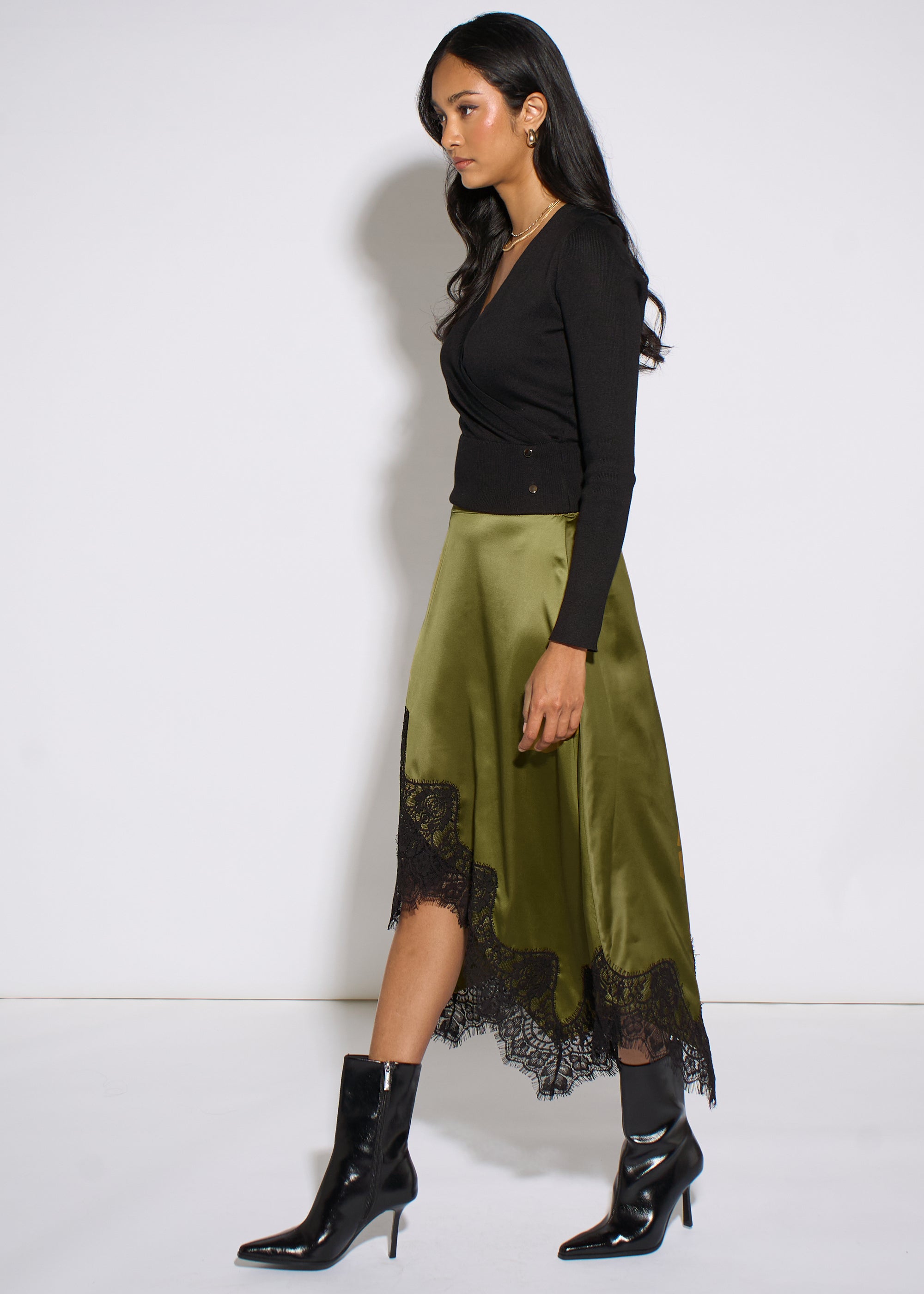 Gini London Khaki Satin Asymmetric Hem Contrast Lace Skirt