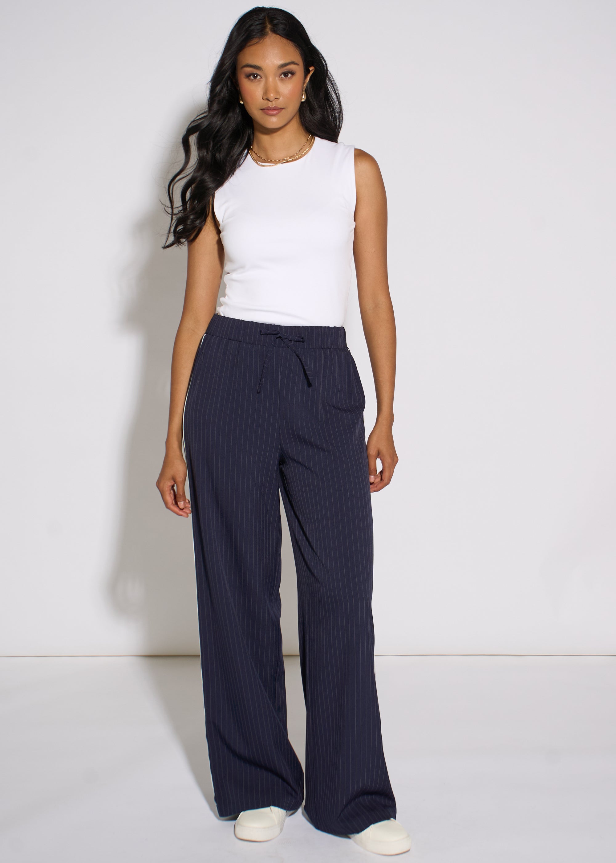 Gini London Navy Drawstring Pinstripe Wide Leg Jogger