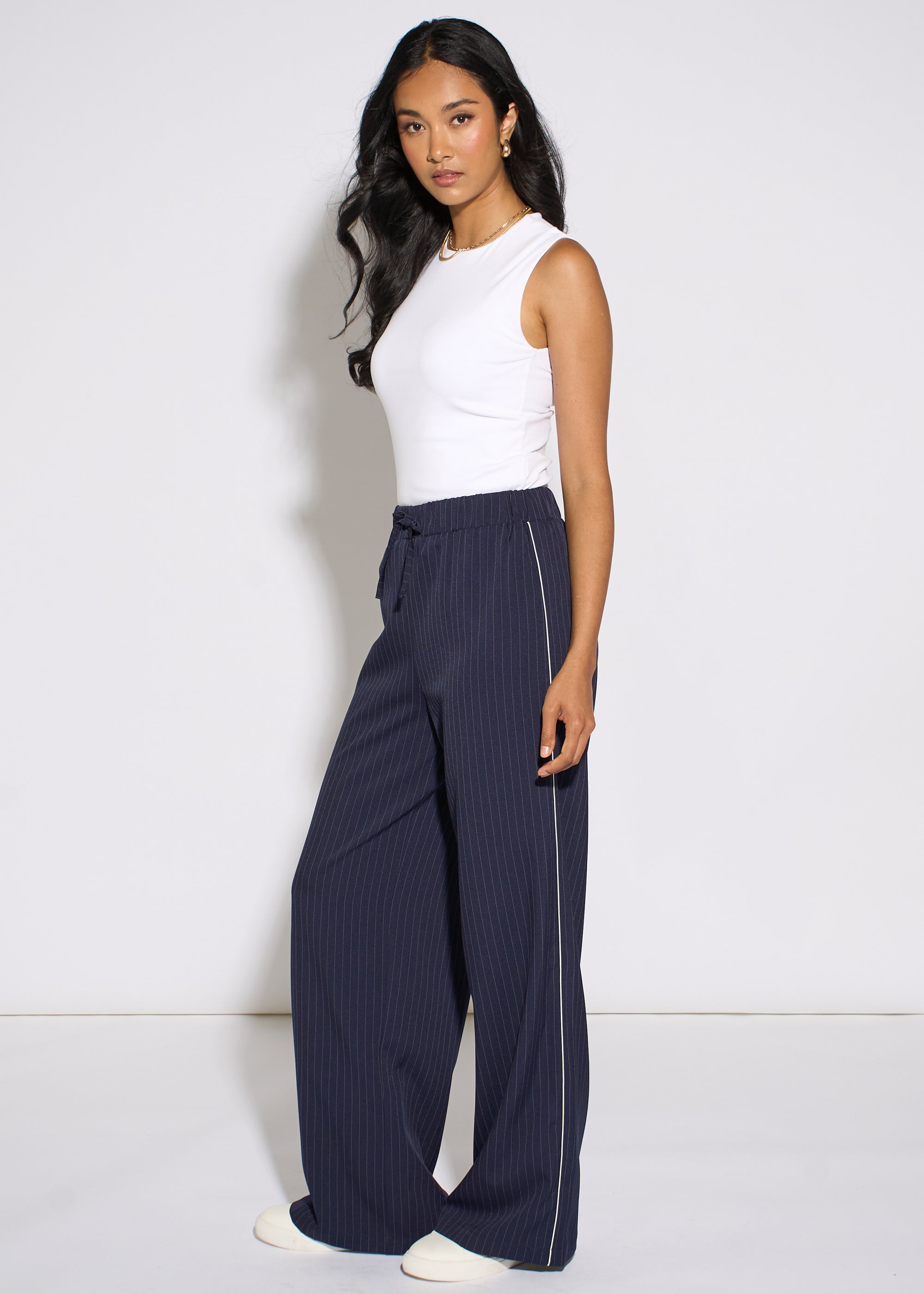 Gini London Navy Drawstring Pinstripe Wide Leg Jogger
