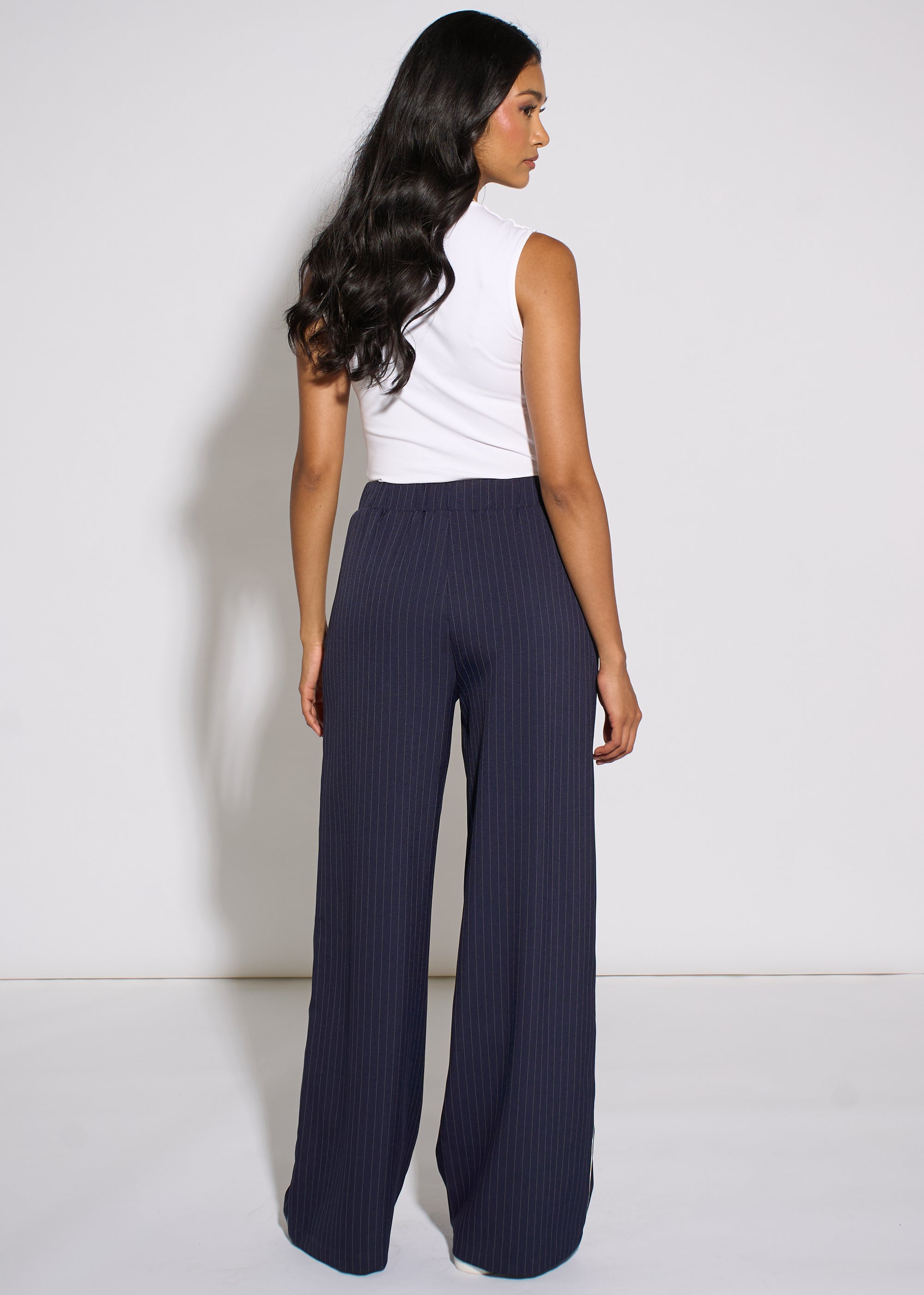Gini London Navy Drawstring Pinstripe Wide Leg Jogger