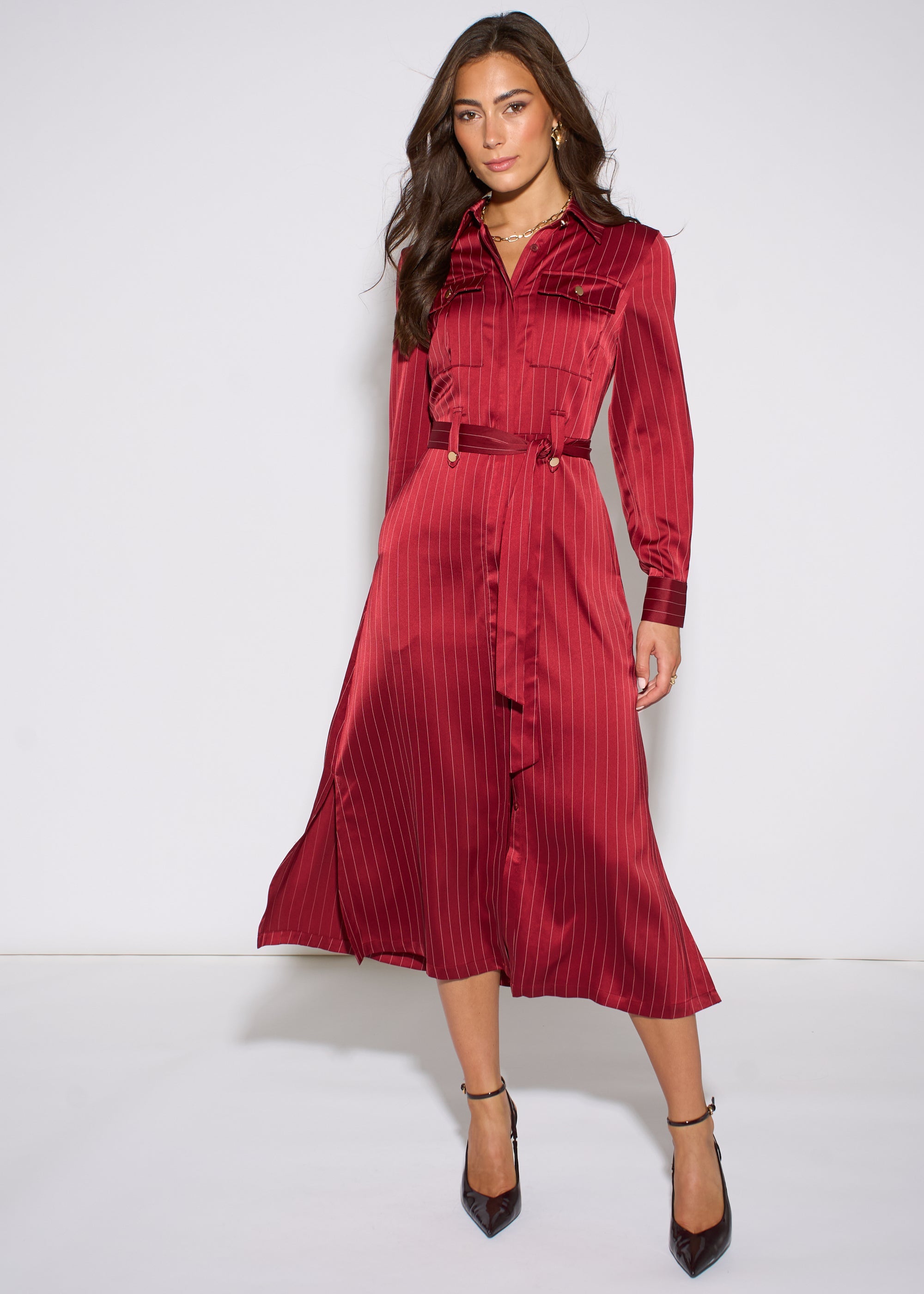 Gini London Mulberry Pinstripe Shirt Utility Belted Shirt Dress