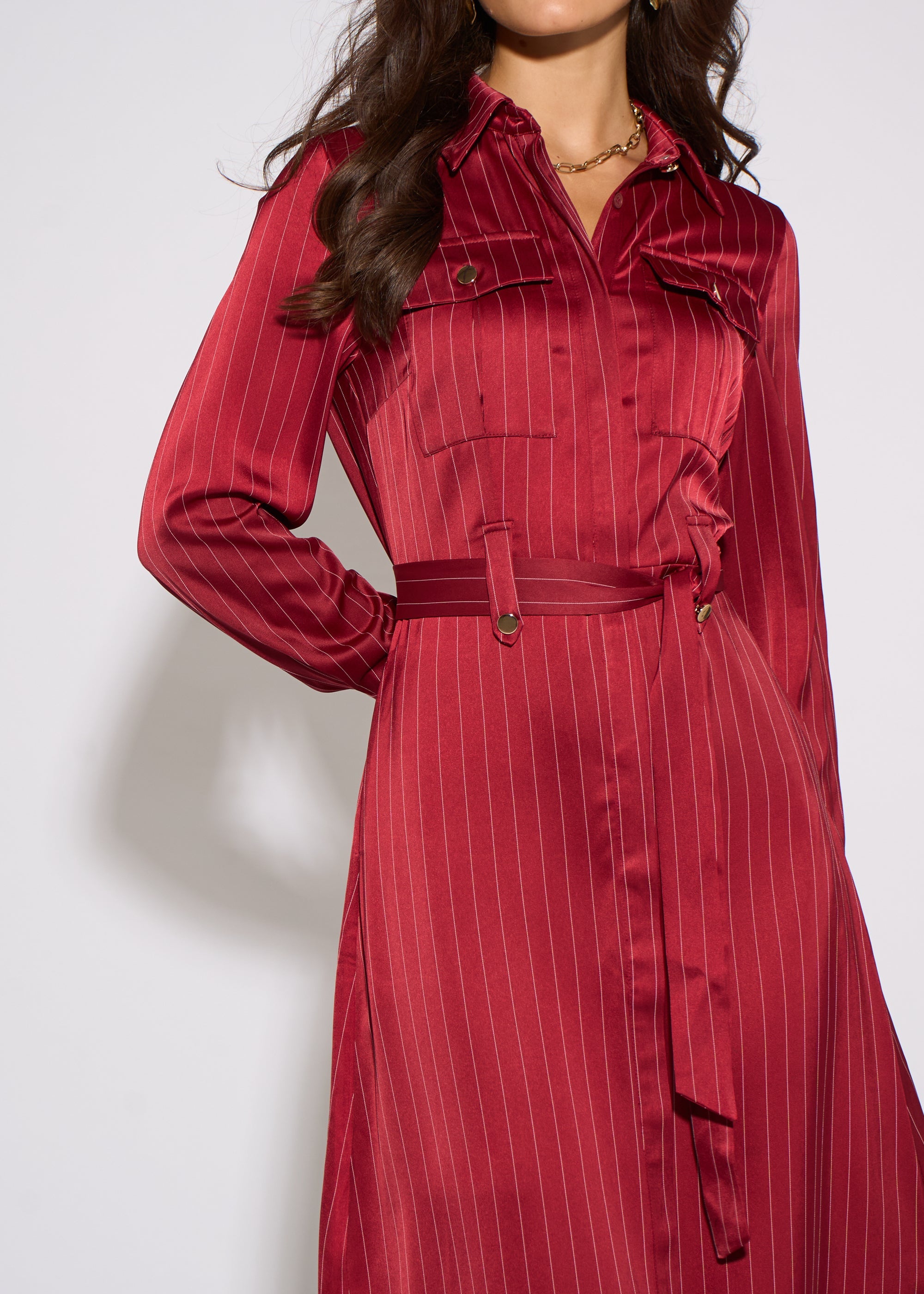 Gini London Mulberry Pinstripe Shirt Utility Belted Shirt Dress