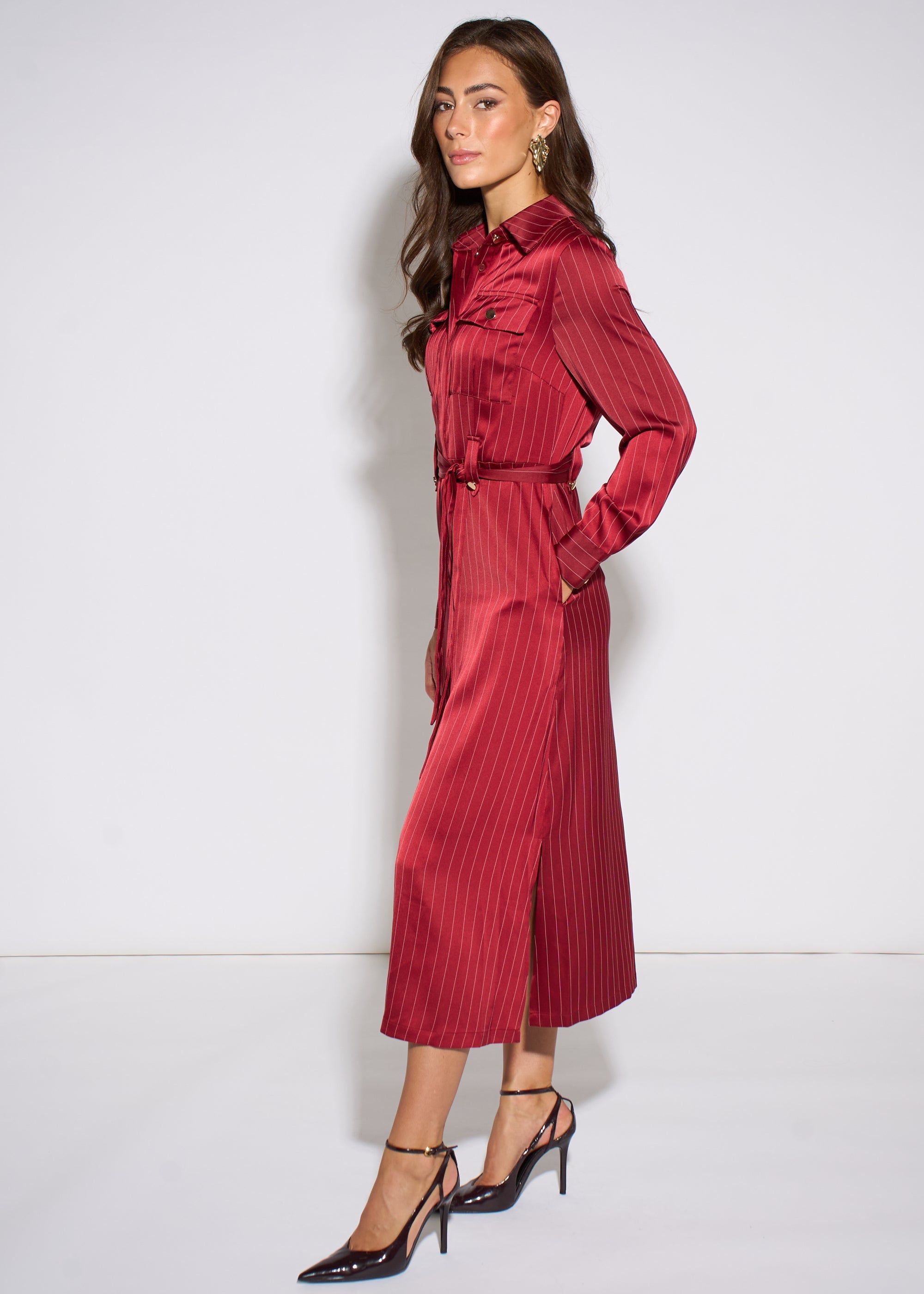 Gini London Mulberry Pinstripe Shirt Utility Belted Shirt Dress
