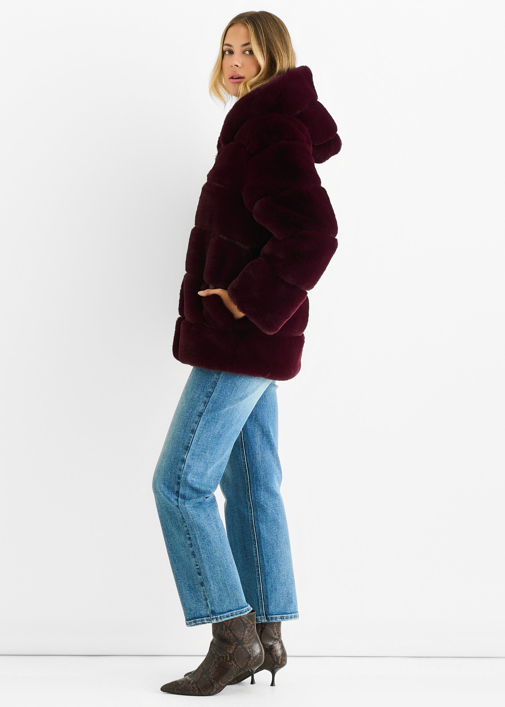 Gini London Dark Burgundy Horizontal Cut Fur Hooded Jacket