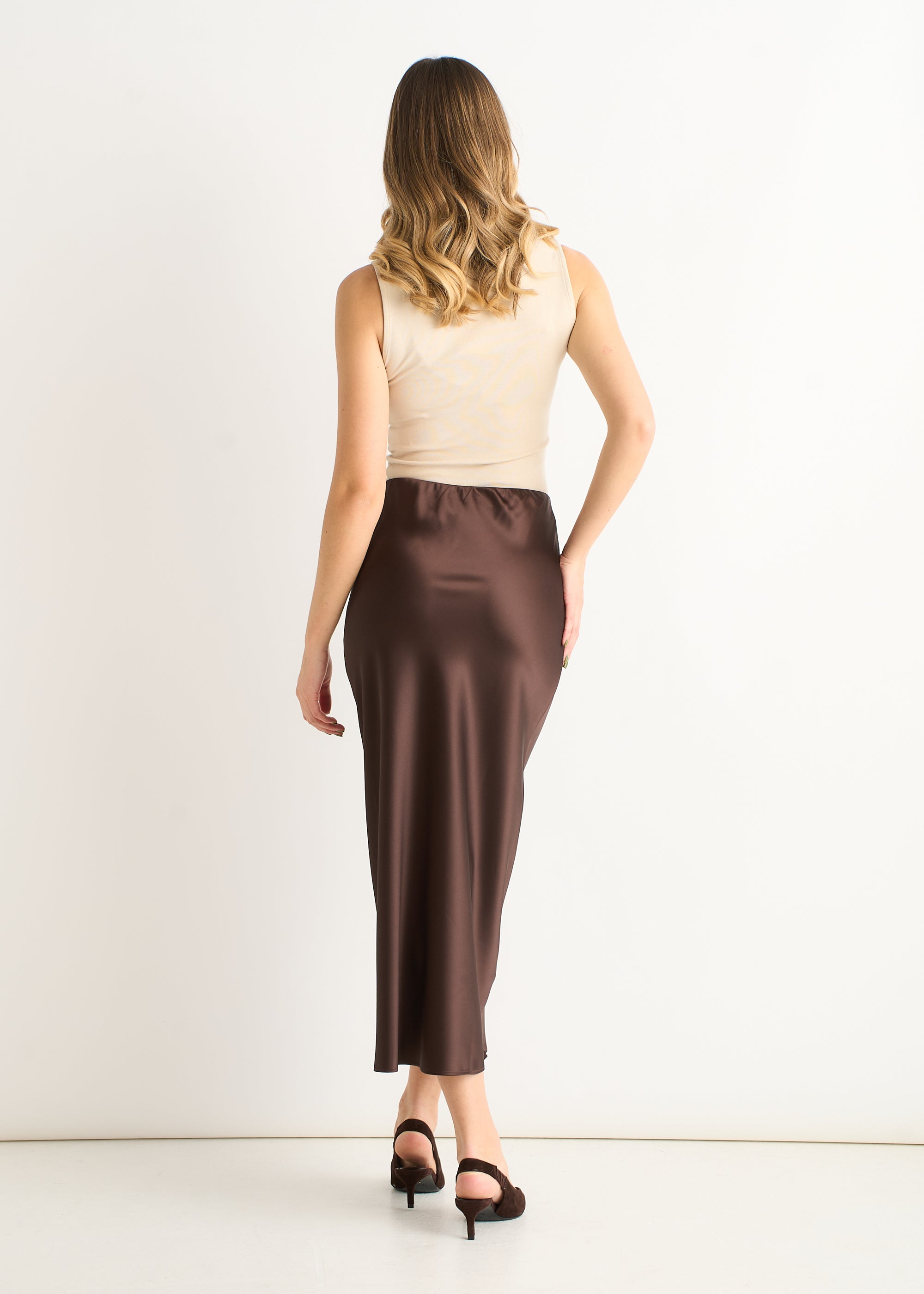 Gini London Chocolate Elastic Waist Satin Bias Cut Midi Skirt