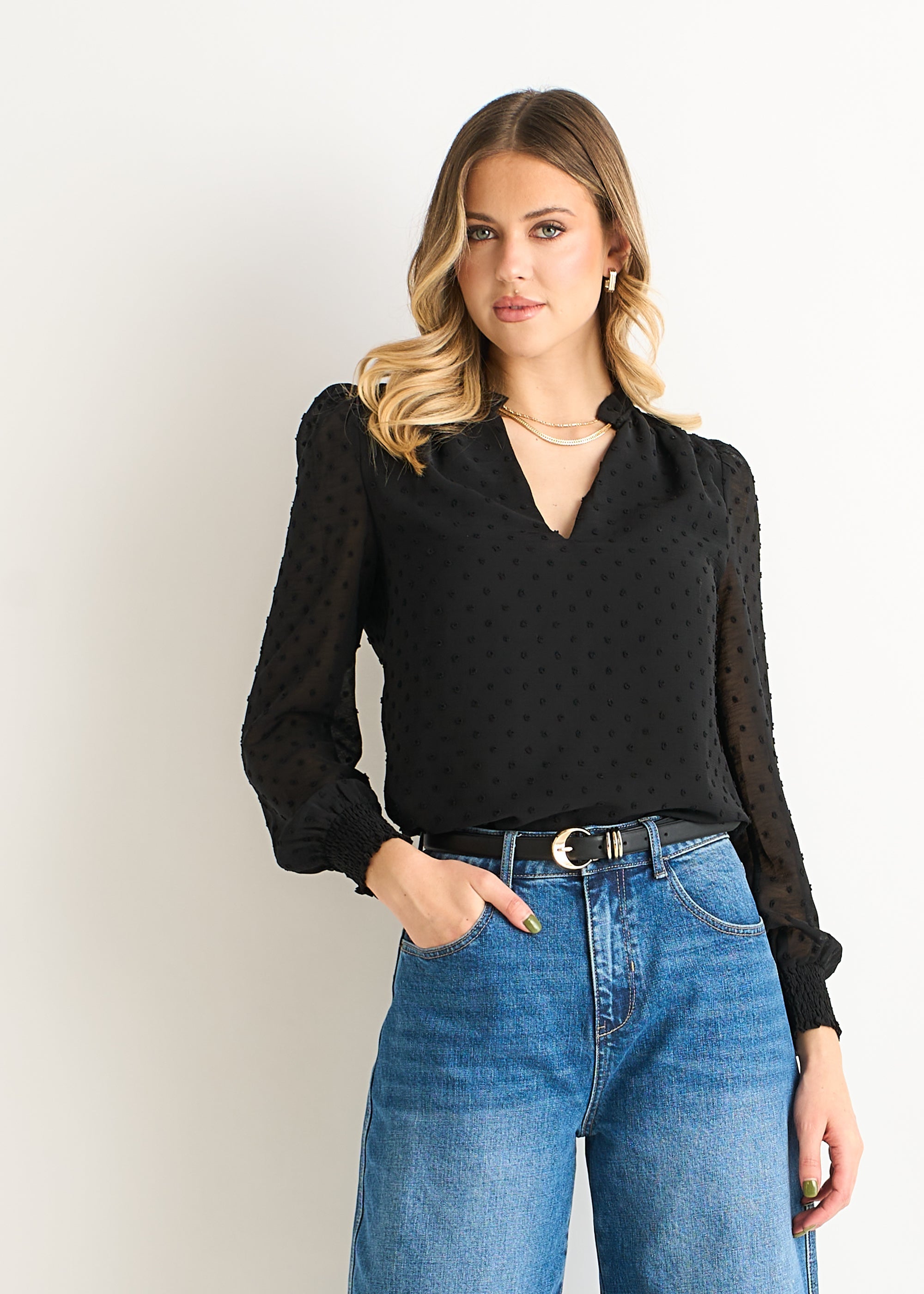 Gini London Black Dobby Chiffon Frill Neck Blouse