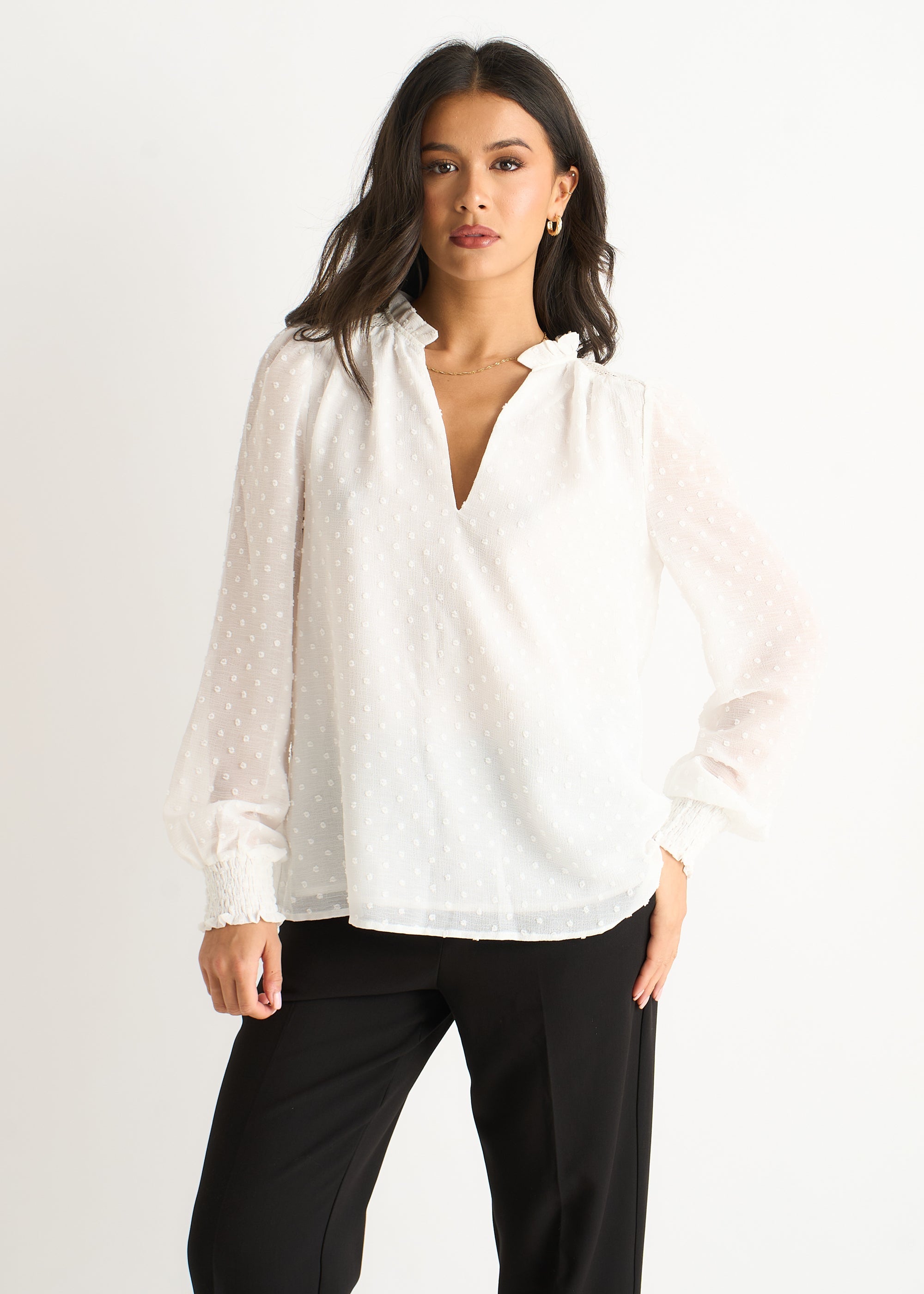 Gini London White Dobby Chiffon Frill Neck Blouse
