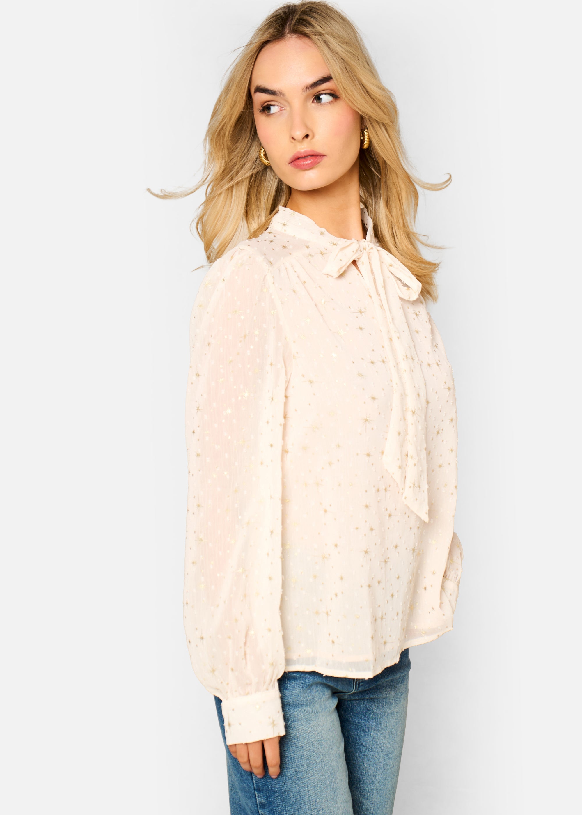 Gini London Oatmeal Tie Neck Long Sleeve Top