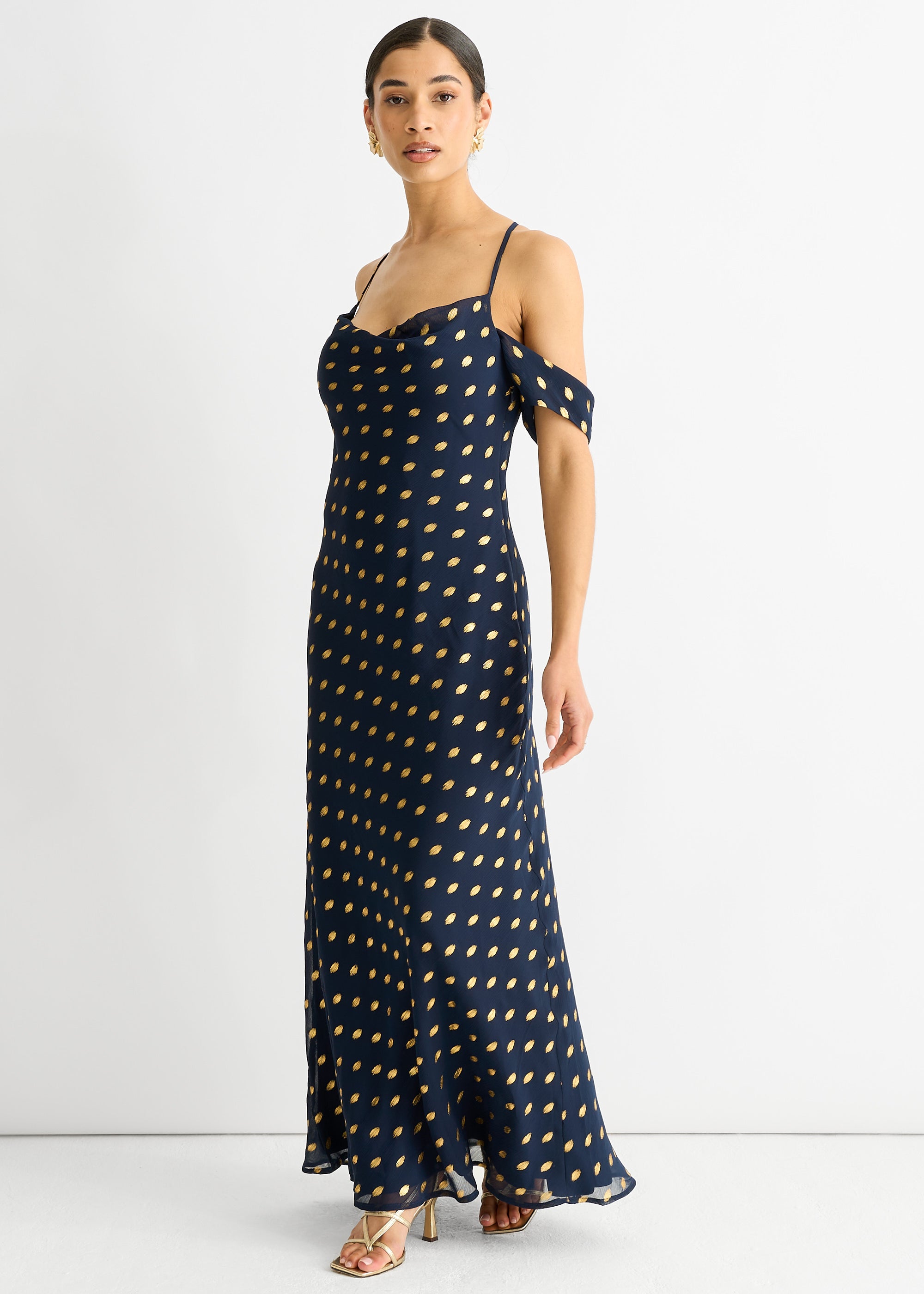 Gini London Navy Cowl Neck Drop Sleeves Foil Maxi Dress