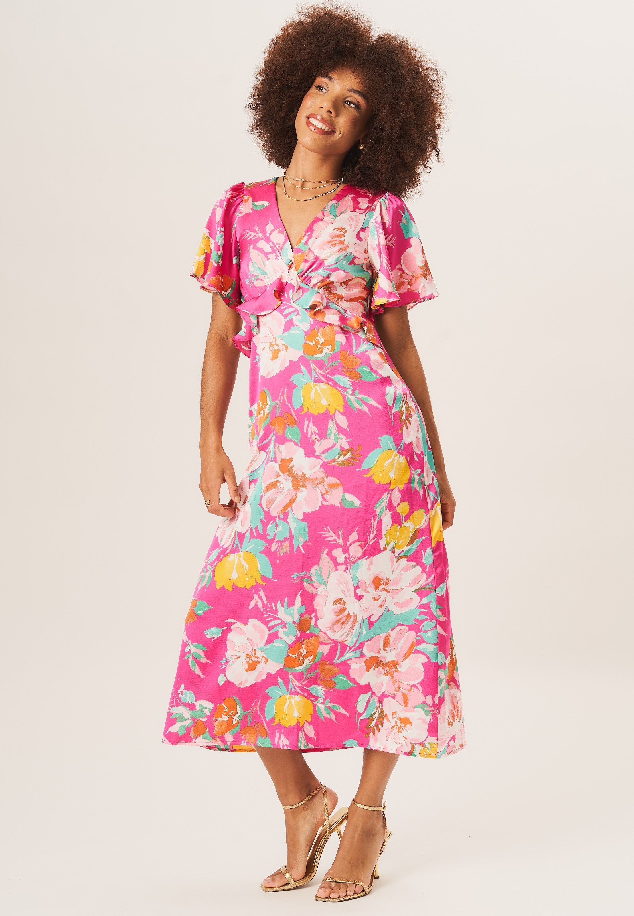 Gini London Pink Floral Print Angel Sleeves Midi Dress