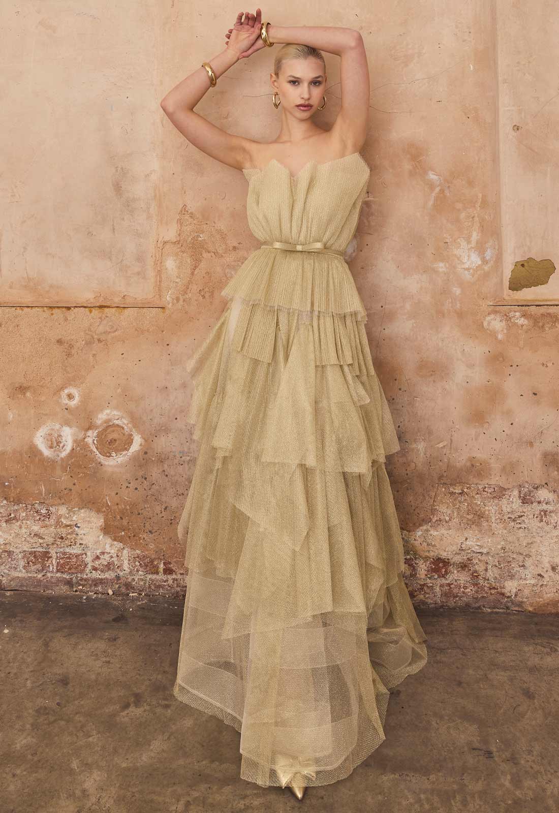 True Decadence Gold Glitter Maxi Tiered Dress