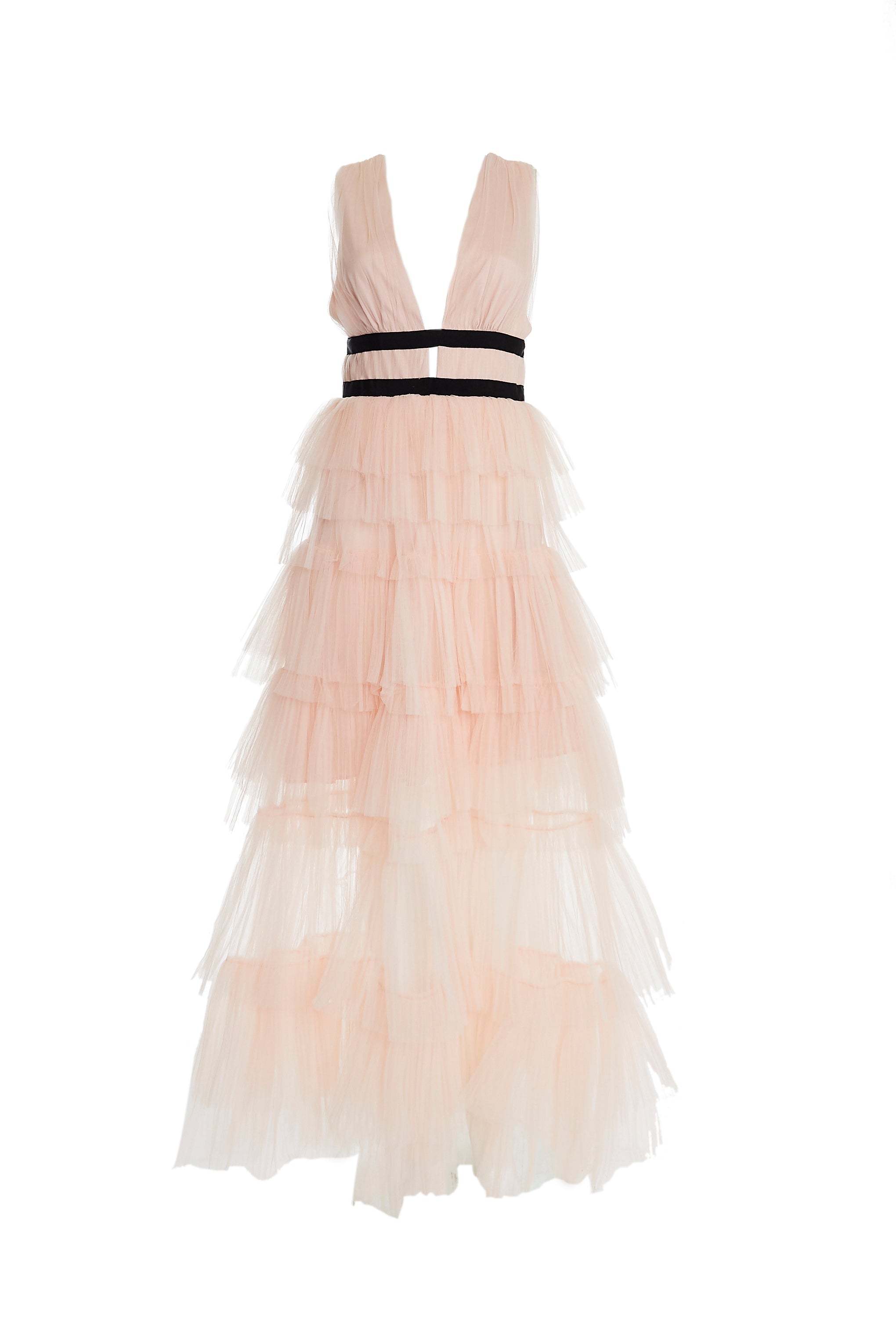 Eliza Peachy Nude Plunging Neck Layered Tulle Skirt Maxi-Dress-image-4