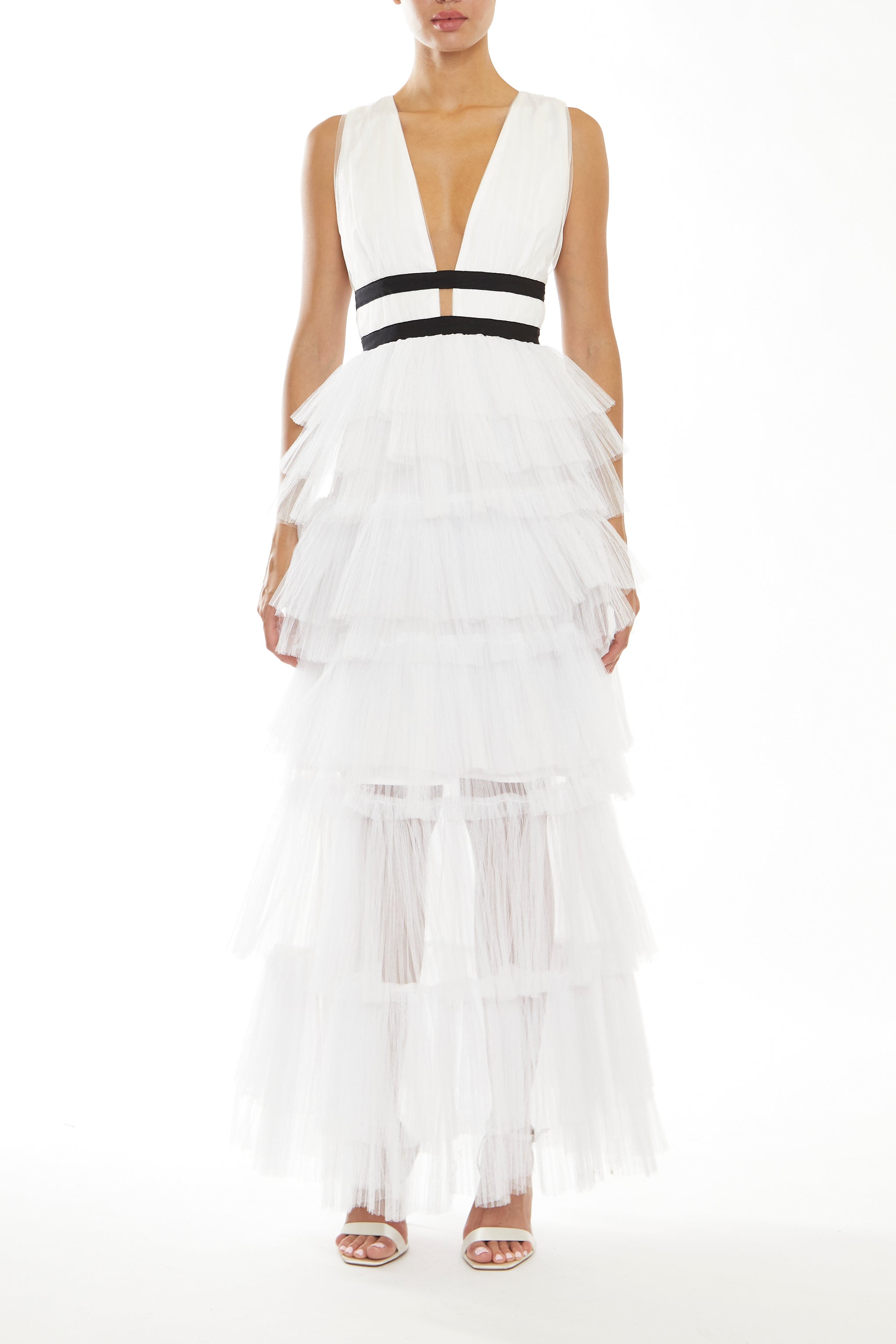 Eliza White Plunging Neck Layered Tulle Skirt Maxi-Dress-image-1