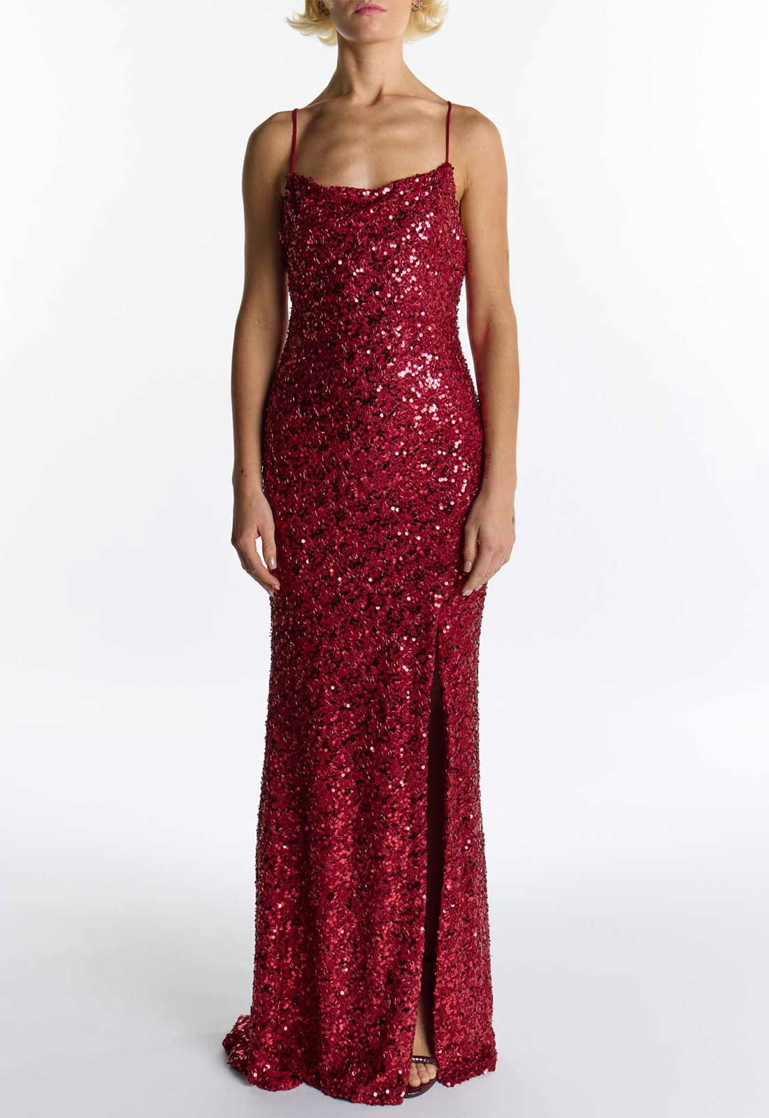 Burgundy sequin evening gown on a white background