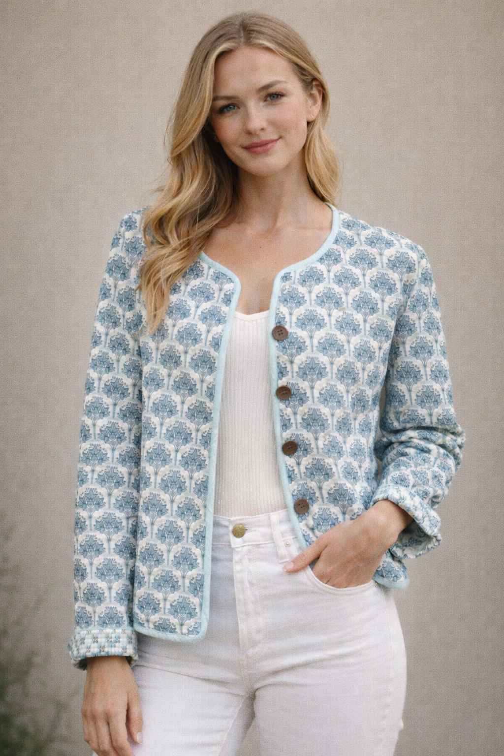 Soul Of Sita Wood Block Printed Cotton Quilted Reversible Jacket In Soft Blues.