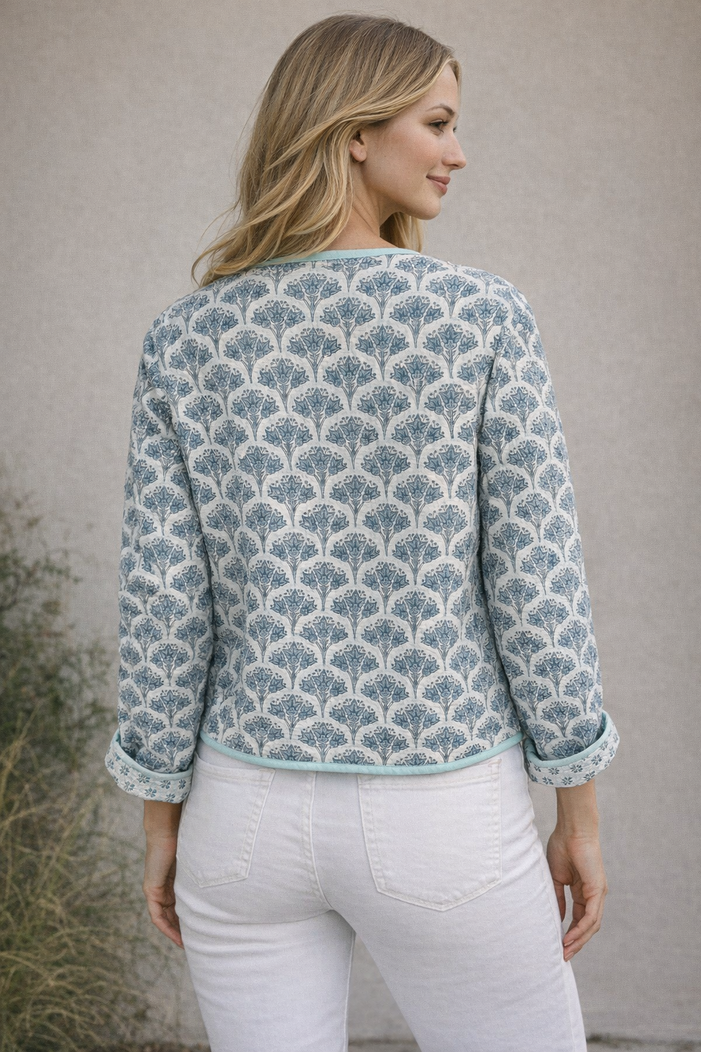 Soul Of Sita Wood Block Printed Cotton Quilted Reversible Jacket In Soft Blues.
