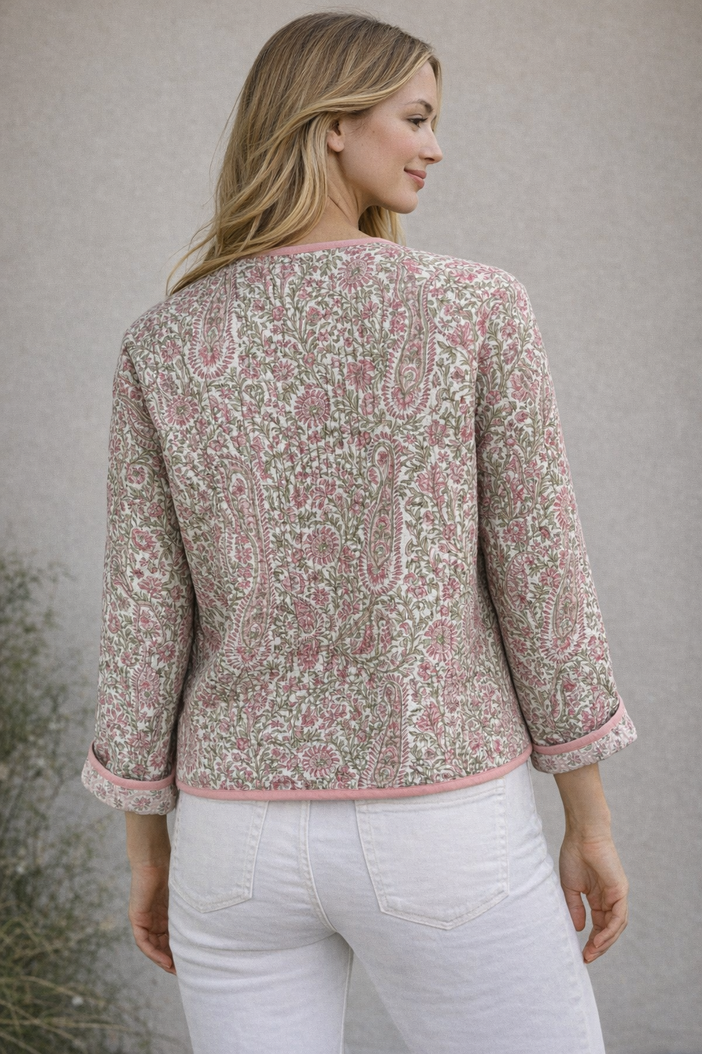 Soul Of Sita Pink/Green Floral Wood Block Printed Reversible Jacket With Wooden Buttons, 100% Cotton, Hand Printed By Amazingly Talented Artisans In Jaipur.