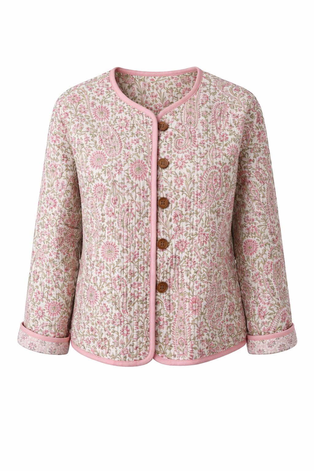 Soul Of Sita Pink/Green Floral Wood Block Printed Reversible Jacket With Wooden Buttons, 100% Cotton, Hand Printed By Amazingly Talented Artisans In Jaipur.