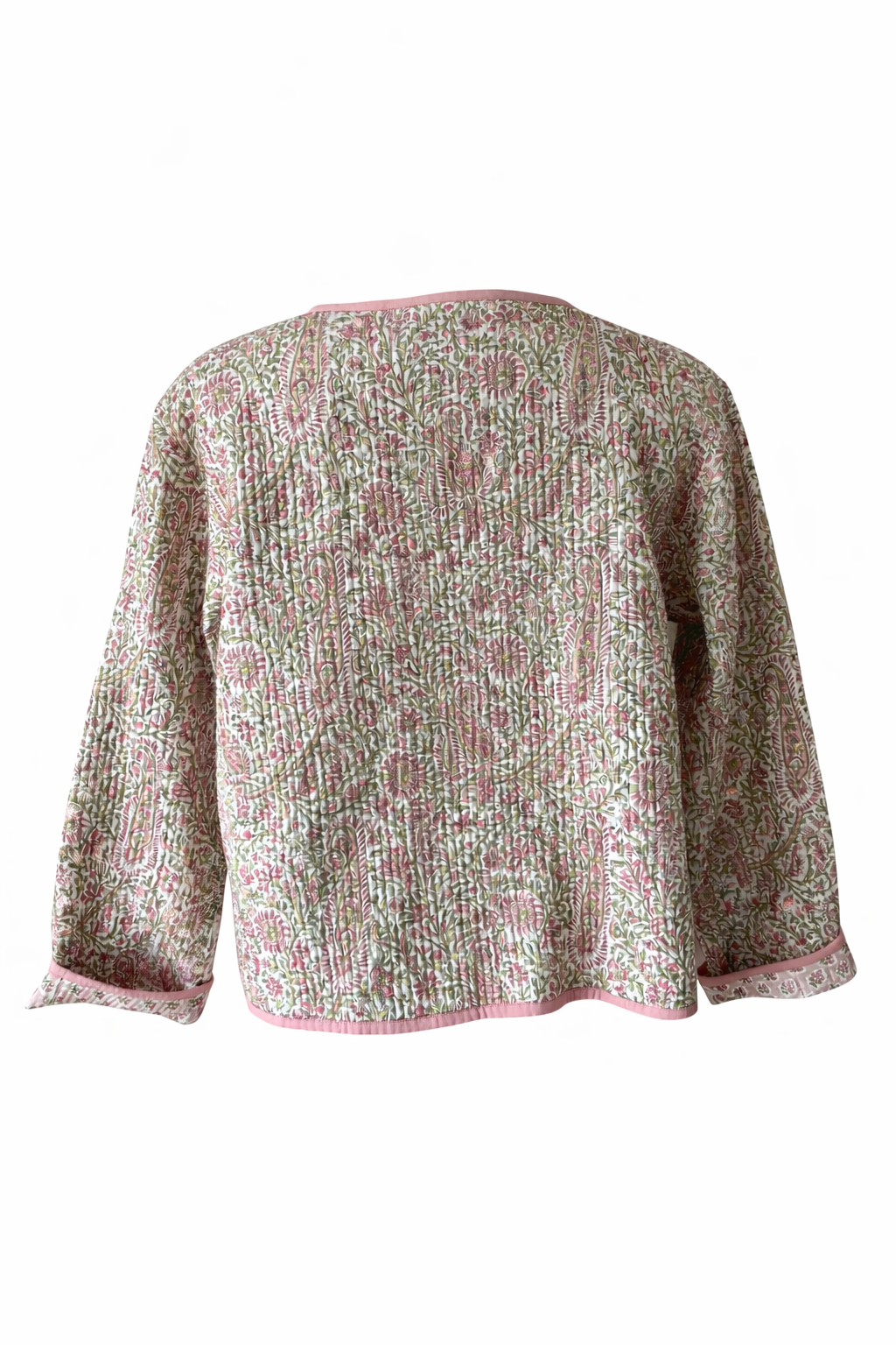 Soul Of Sita Pink/Green Floral Wood Block Printed Reversible Jacket With Wooden Buttons, 100% Cotton, Hand Printed By Amazingly Talented Artisans In Jaipur.