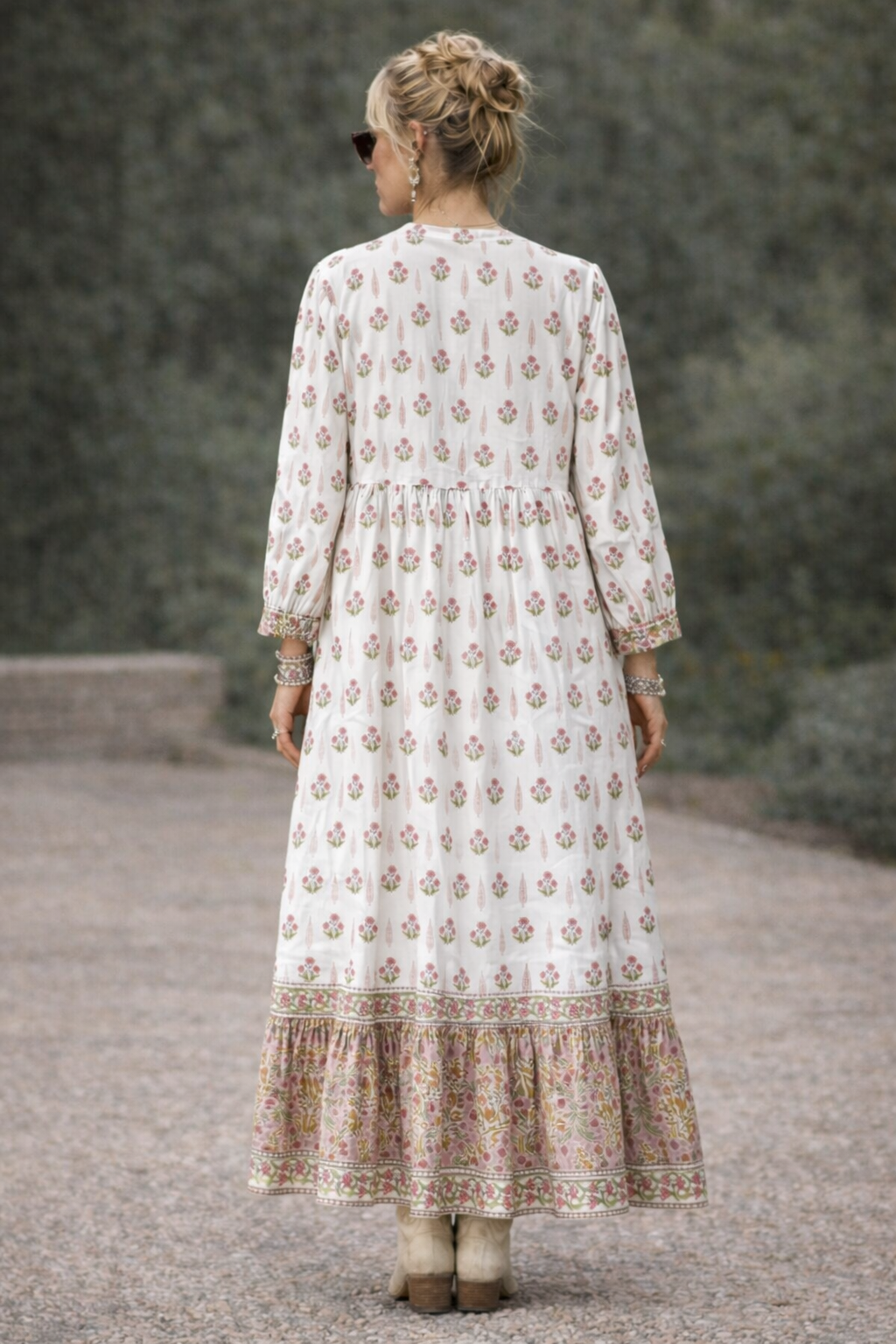 Soul Of Sita Lalita Cream Woodblock Print Maxi Dress 100% Cotton, Side Pockets And Border