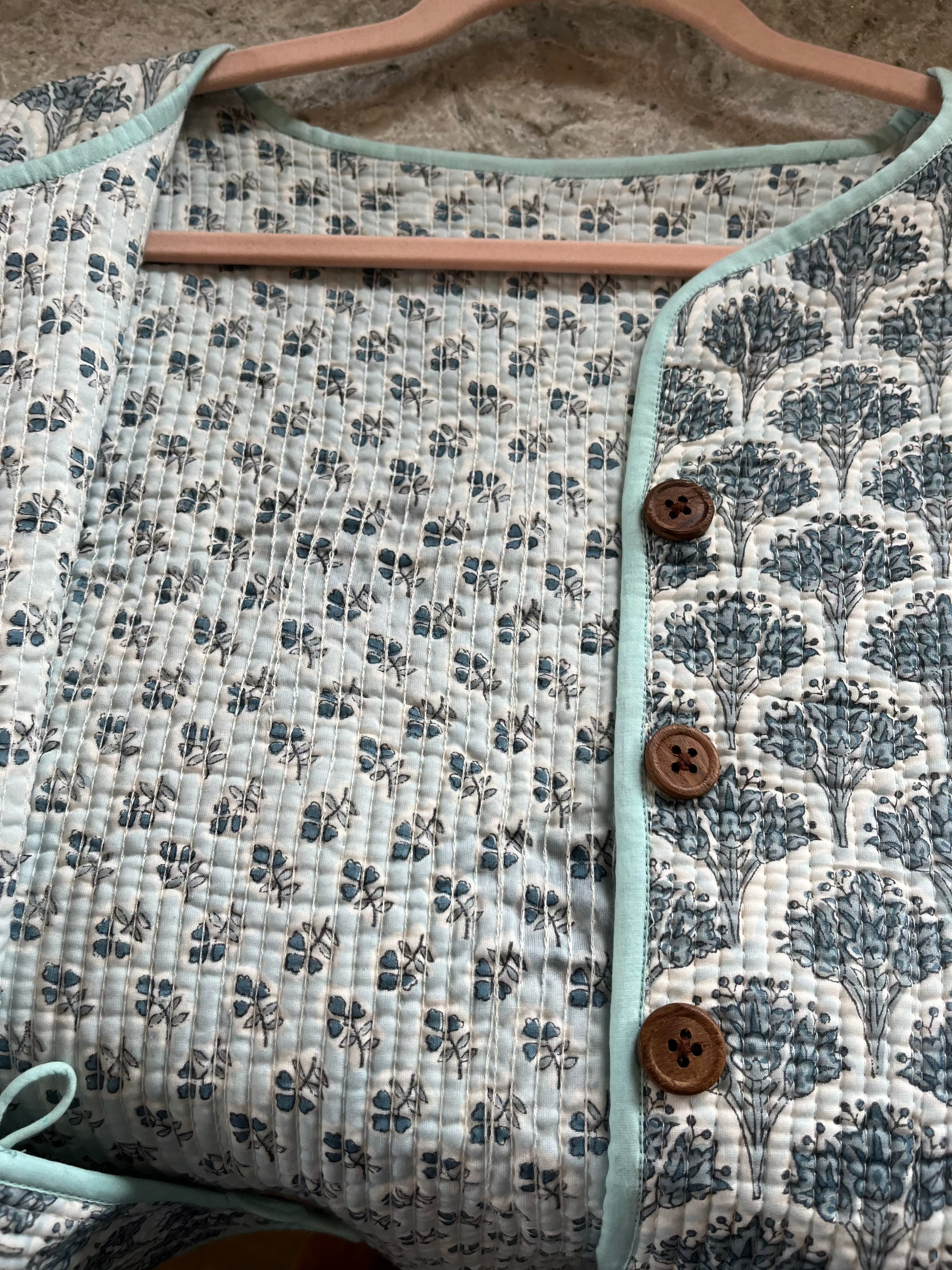 Soul Of Sita Wood Block Printed Cotton Quilted Reversible Jacket In Soft Blues.
