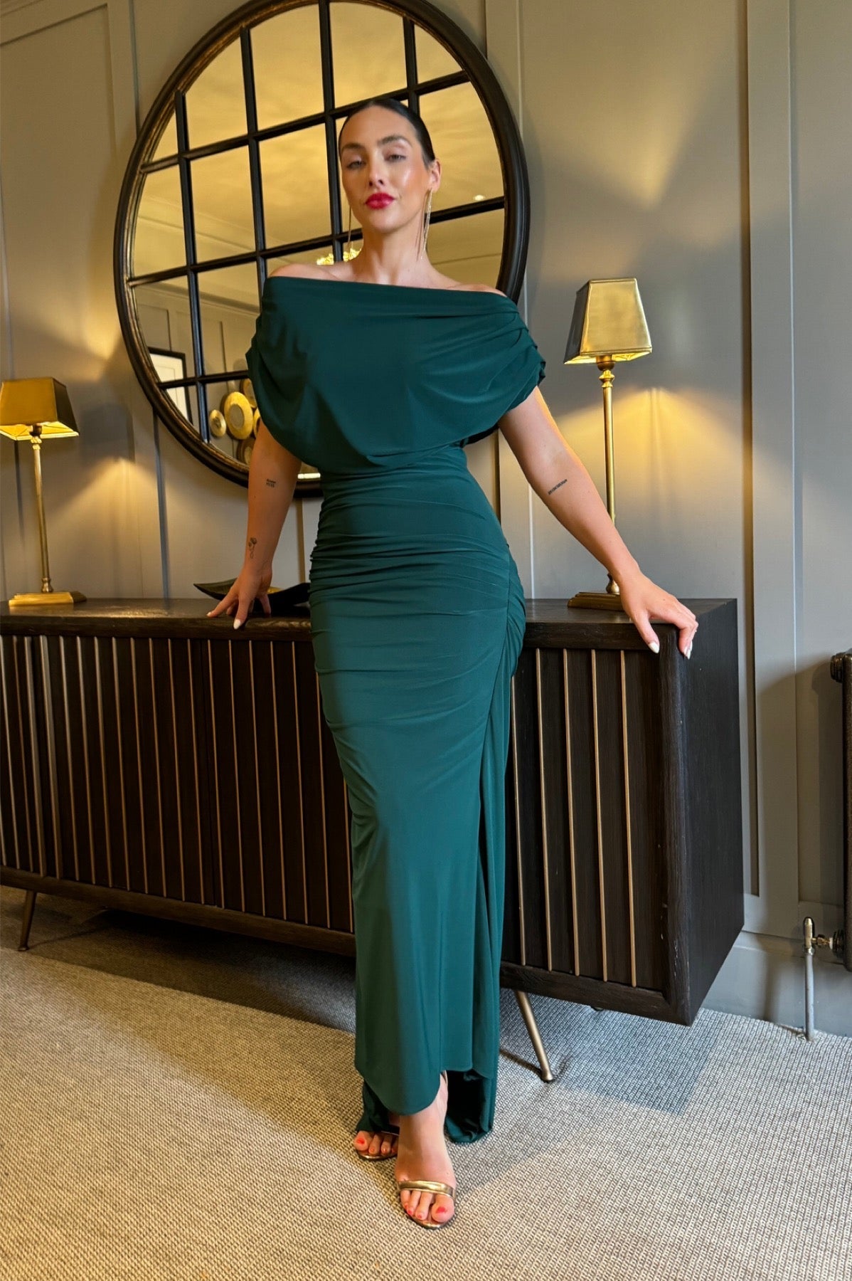 Atom Label Forest Green Platinum Maxi Gown