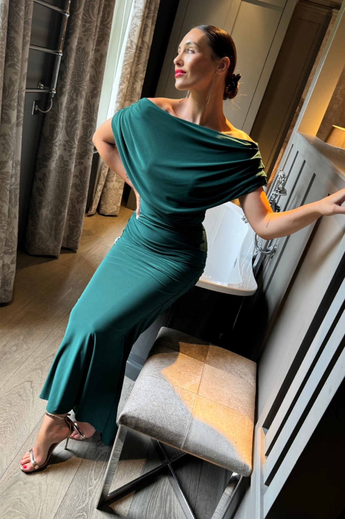Atom Label Forest Green Platinum Maxi Gown