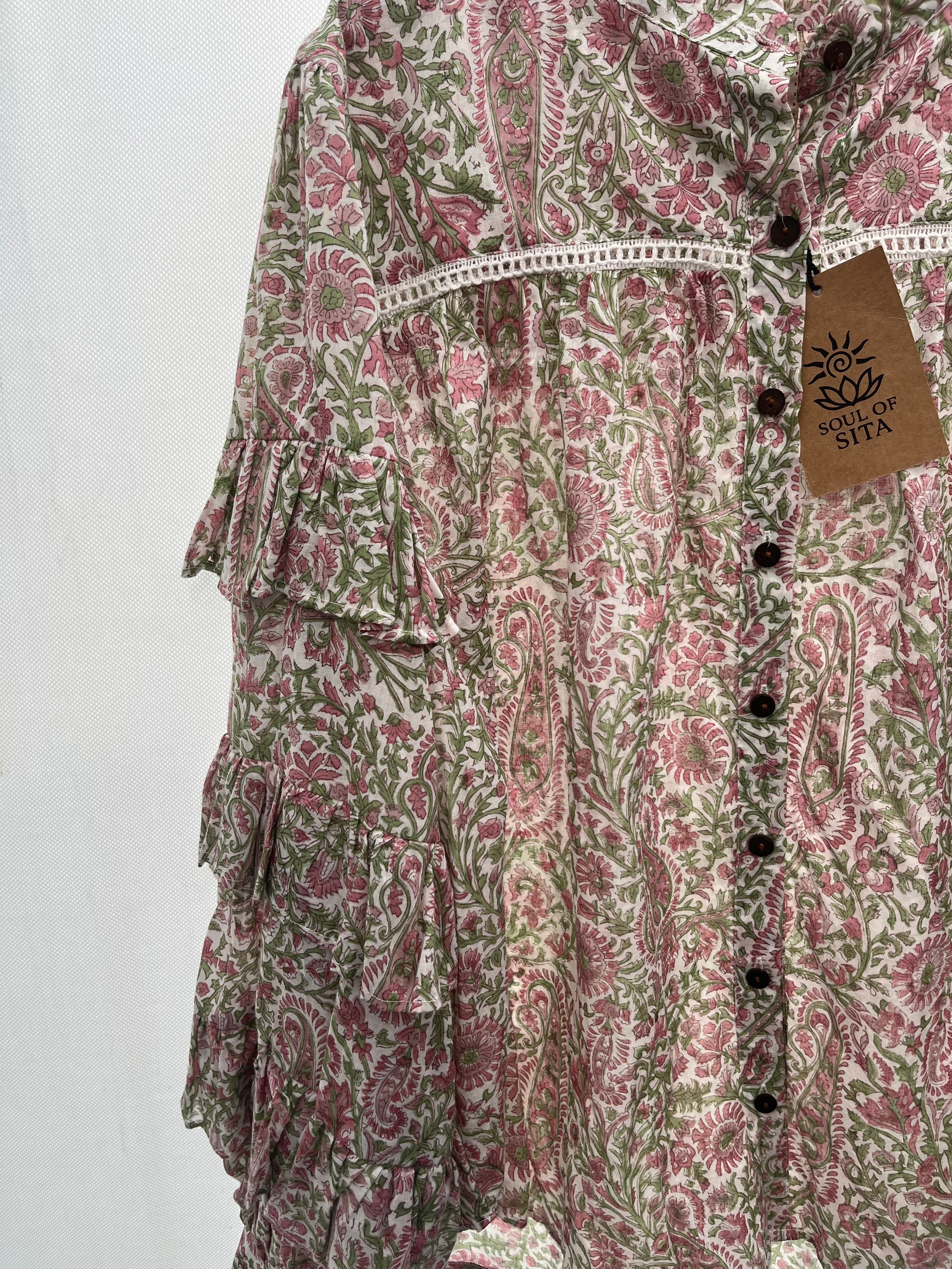 Soul Of Sita Liberty Woodblock Printed Frill Sleeve Blouse In Pink Paisley Floral