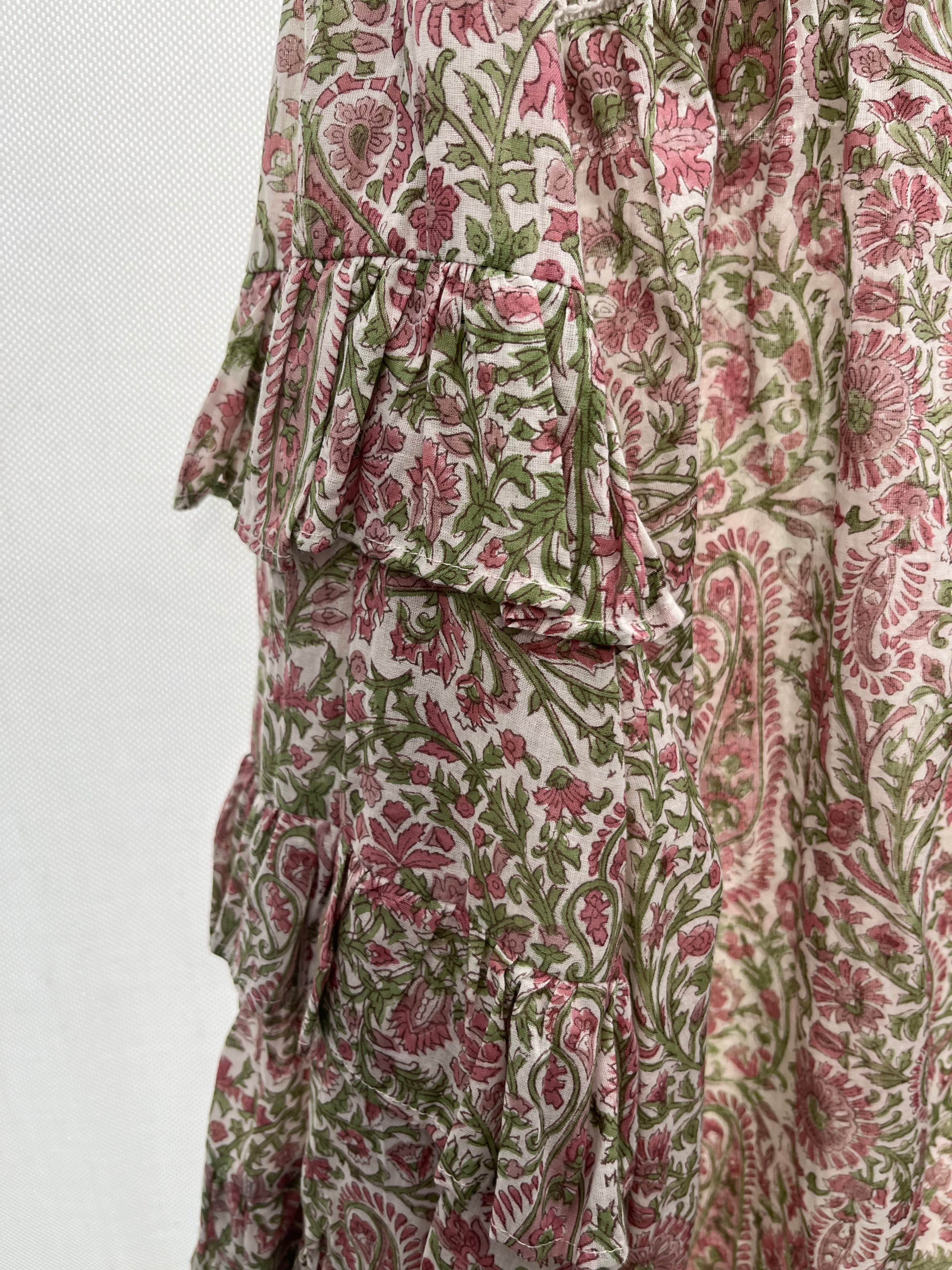 Soul Of Sita Liberty Woodblock Printed Frill Sleeve Blouse In Pink Paisley Floral