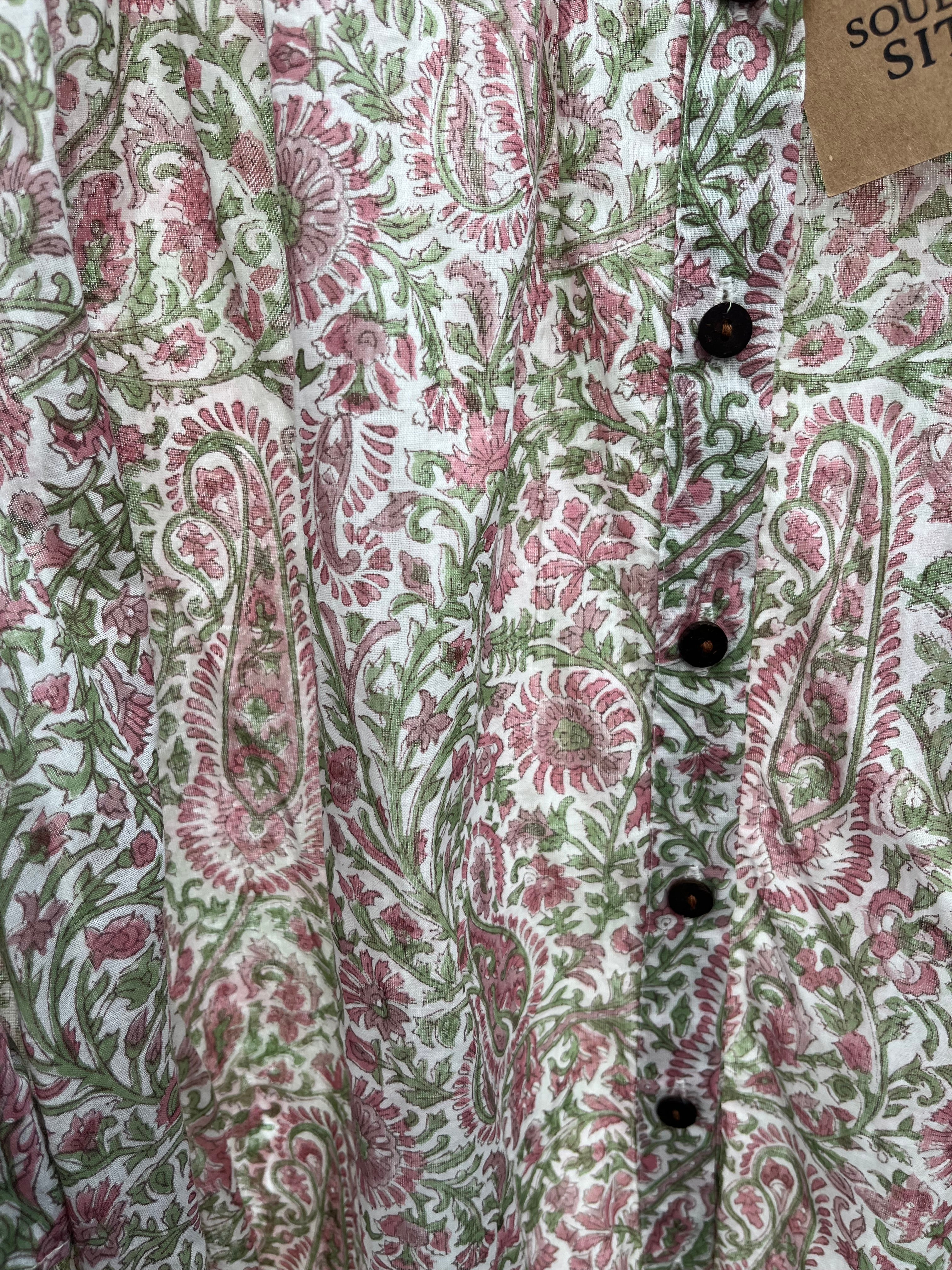 Soul Of Sita Liberty Woodblock Printed Frill Sleeve Blouse In Pink Paisley Floral