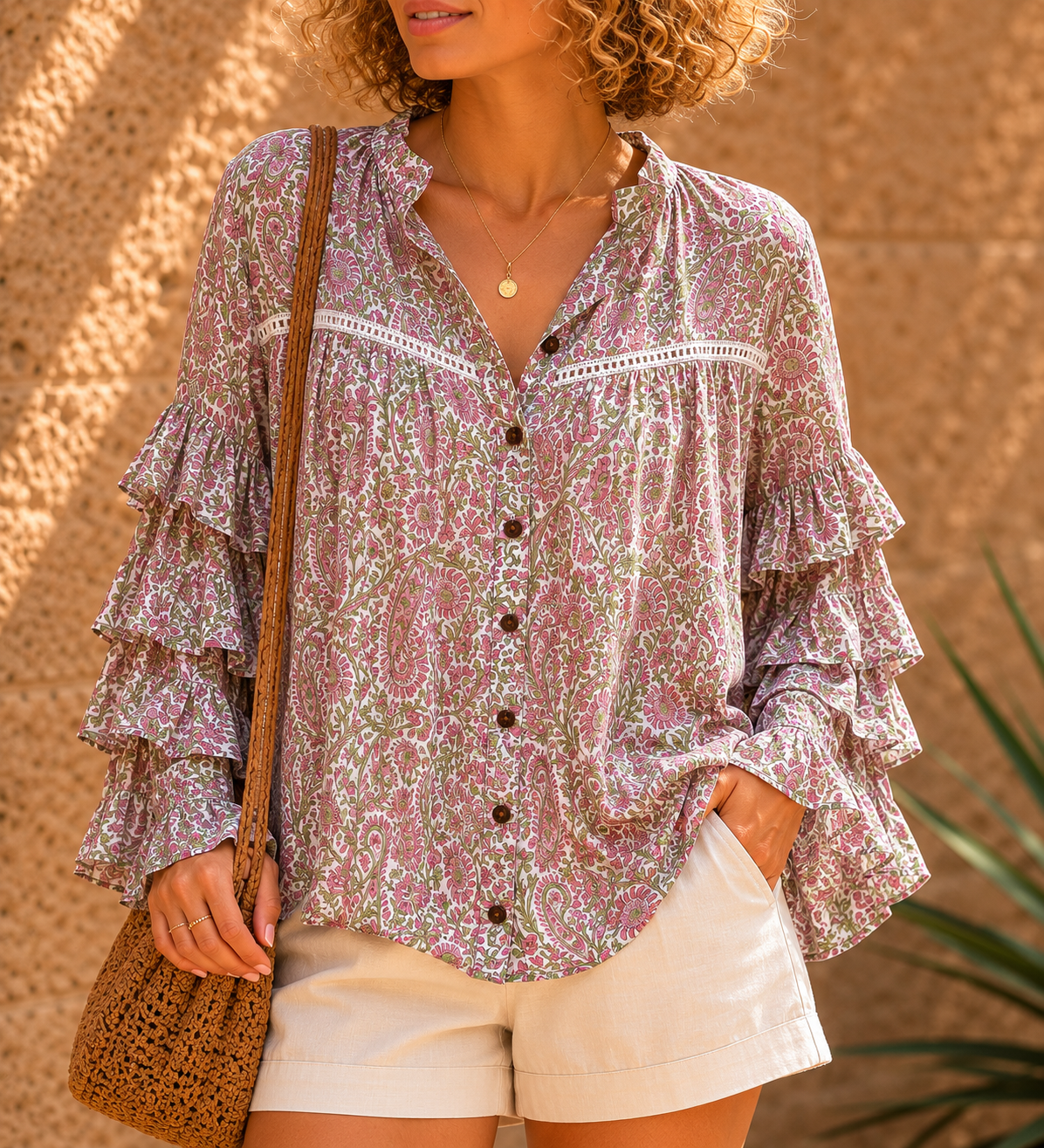 Soul Of Sita Liberty Woodblock Printed Frill Sleeve Blouse In Pink Paisley Floral