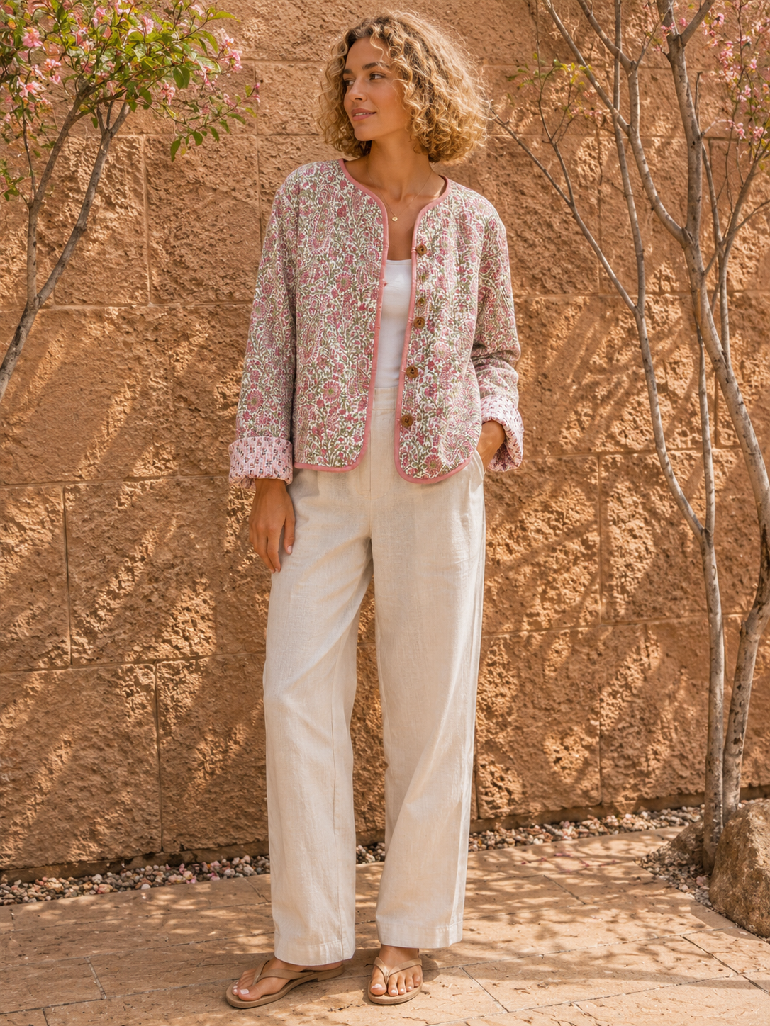 Soul Of Sita Pink/Green Floral Wood Block Printed Reversible Jacket With Wooden Buttons, 100% Cotton, Hand Printed By Amazingly Talented Artisans In Jaipur.