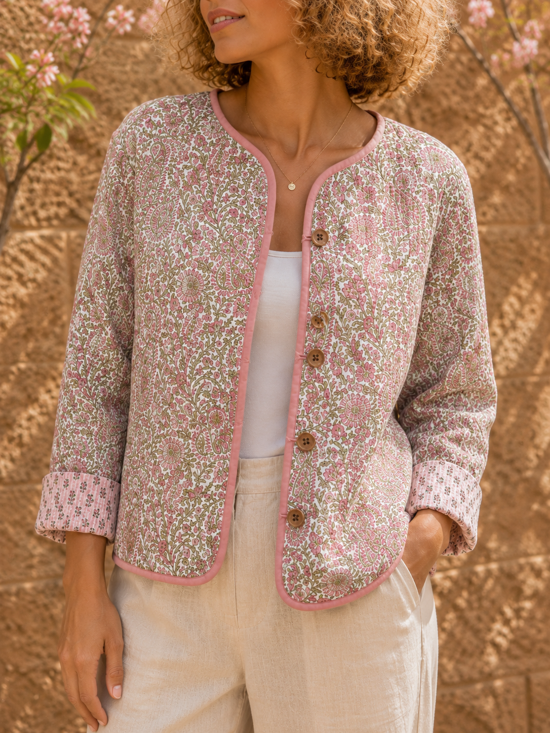 Soul Of Sita Pink/Green Floral Wood Block Printed Reversible Jacket With Wooden Buttons, 100% Cotton, Hand Printed By Amazingly Talented Artisans In Jaipur.
