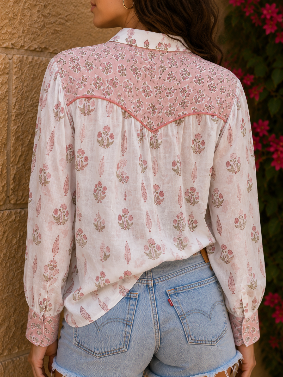 Soul Of Sita Long Sleeve Western Style Shirt In Cotton Voile, With A Beautiful Wood Block Print