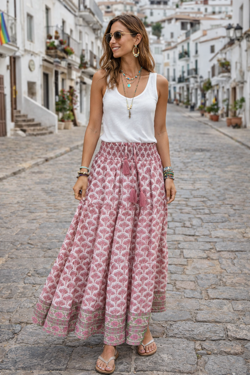 Soul Of Sita Adalyn Pink Wood Blocked Printed Gypsy Skirt Long