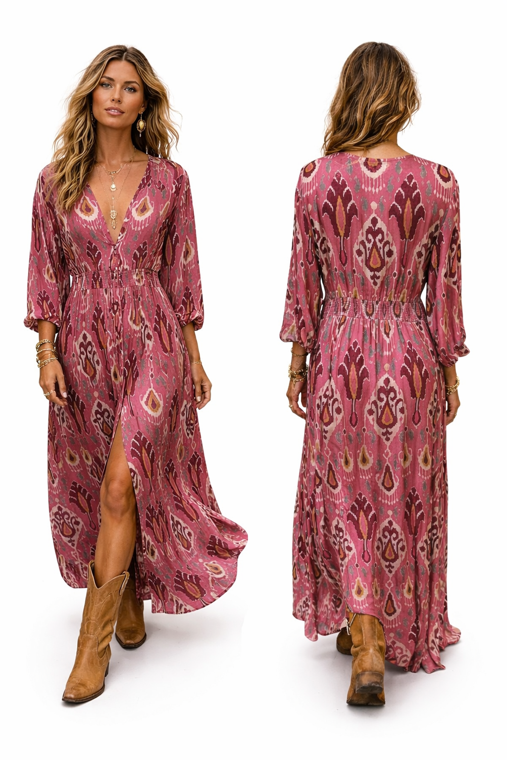 Soul Of Sita Rose Pink Aztec Print Satin Button Through Maxi Dress