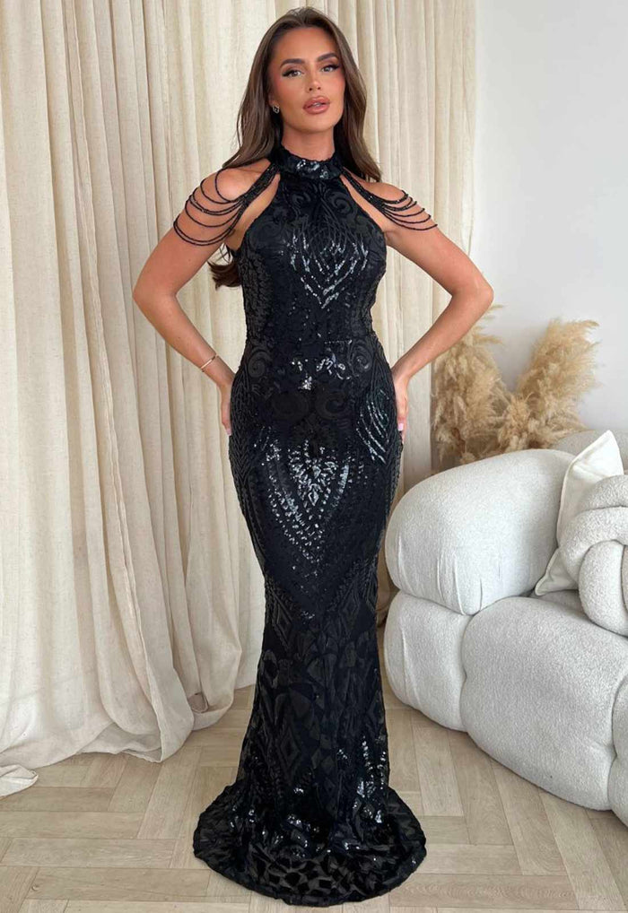 Jacquard Satin Fishtail Black Dress