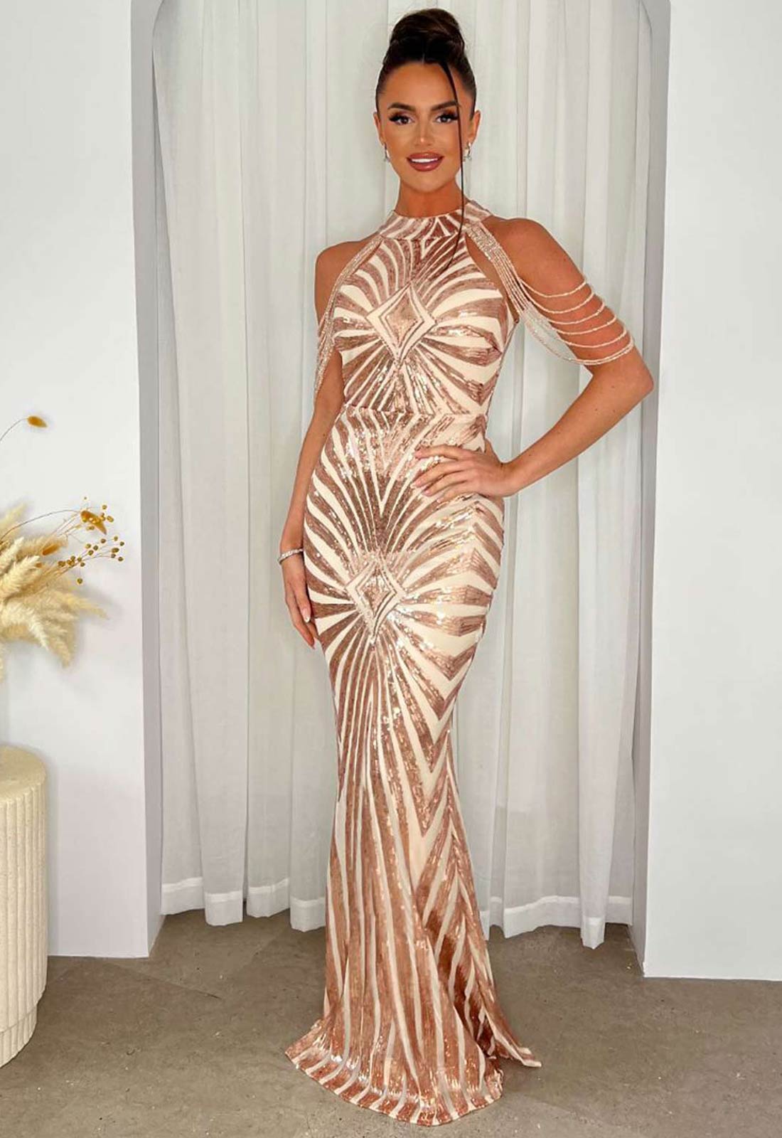 Nazz Collection Rose Gold Senseless Sequin Maxi Dress