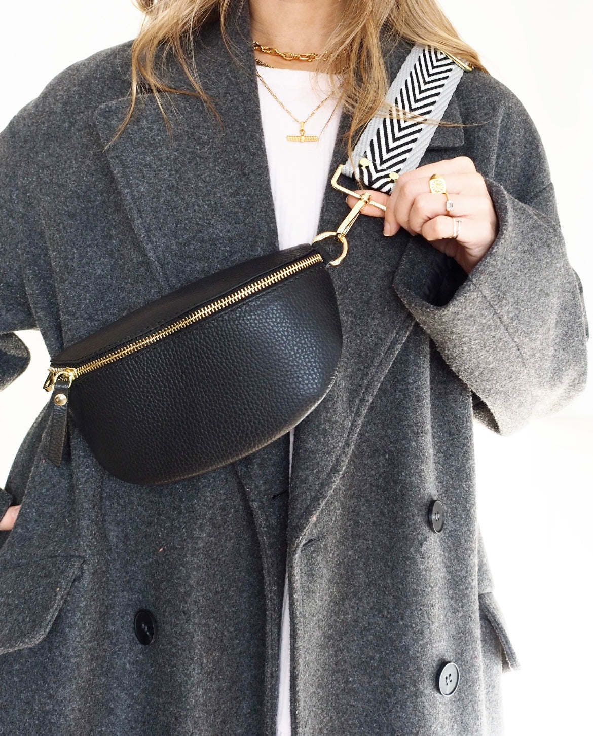 Elie Beaumont Sling Bag - Black with Grey Chevron Strap